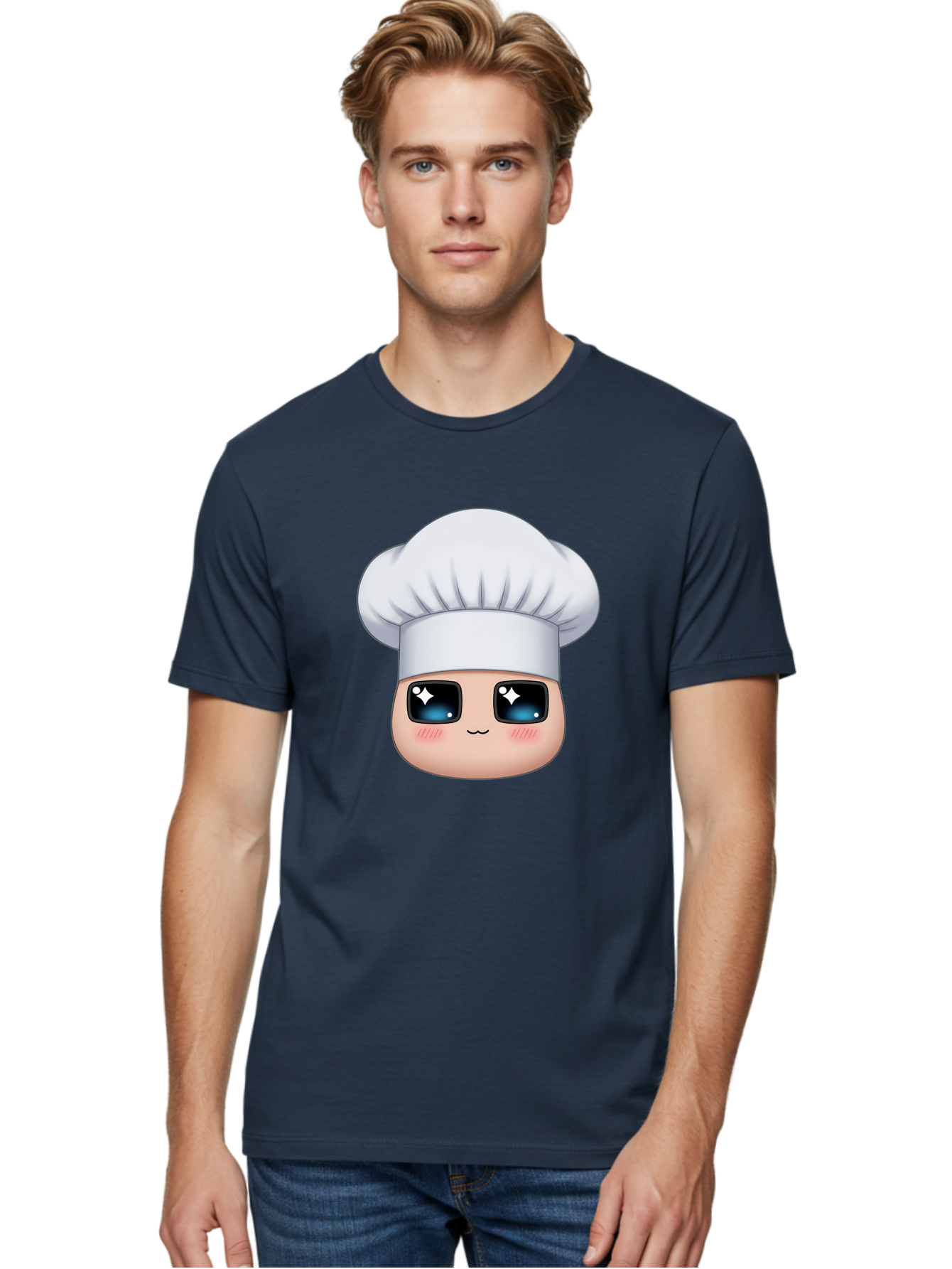 Chef-Emoji-1 Men'S Graphic Tee, 100% Cotton, Comfortable Casual Summer Wear, Machine Washable, Cartoon Chef, Cooking Emoji, Chef Hat, Cute Face, Sparkle Eyes, Rosy Cheeks, Kawaii Style, Culinary Art, Foodie, Cooking Enthusiast Bac816