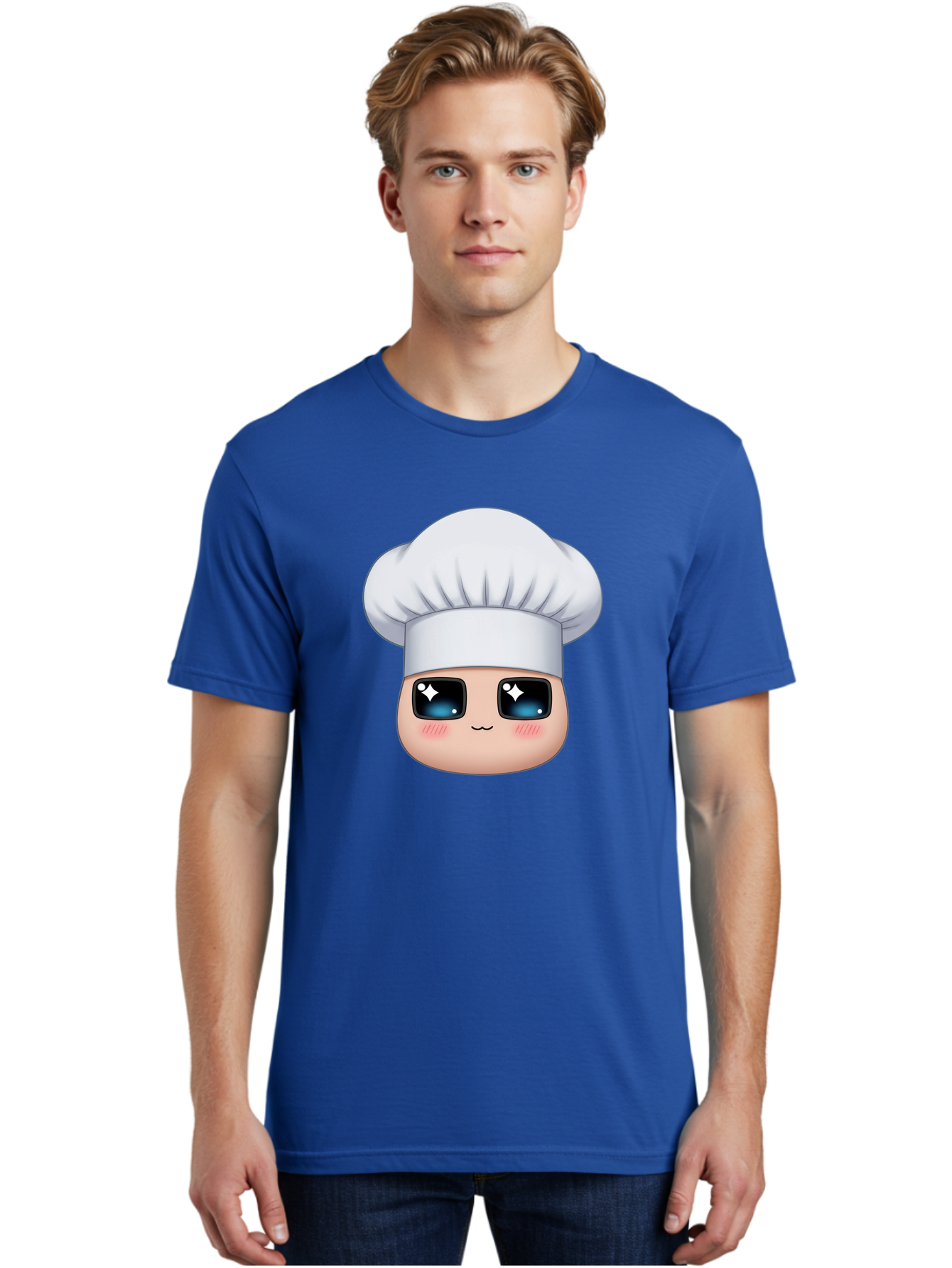 Chef-Emoji-1 Men'S Graphic Tee, 100% Cotton, Comfortable Casual Summer Wear, Machine Washable, Cartoon Chef, Cooking Emoji, Chef Hat, Cute Face, Sparkle Eyes, Rosy Cheeks, Kawaii Style, Culinary Art, Foodie, Cooking Enthusiast Bac816