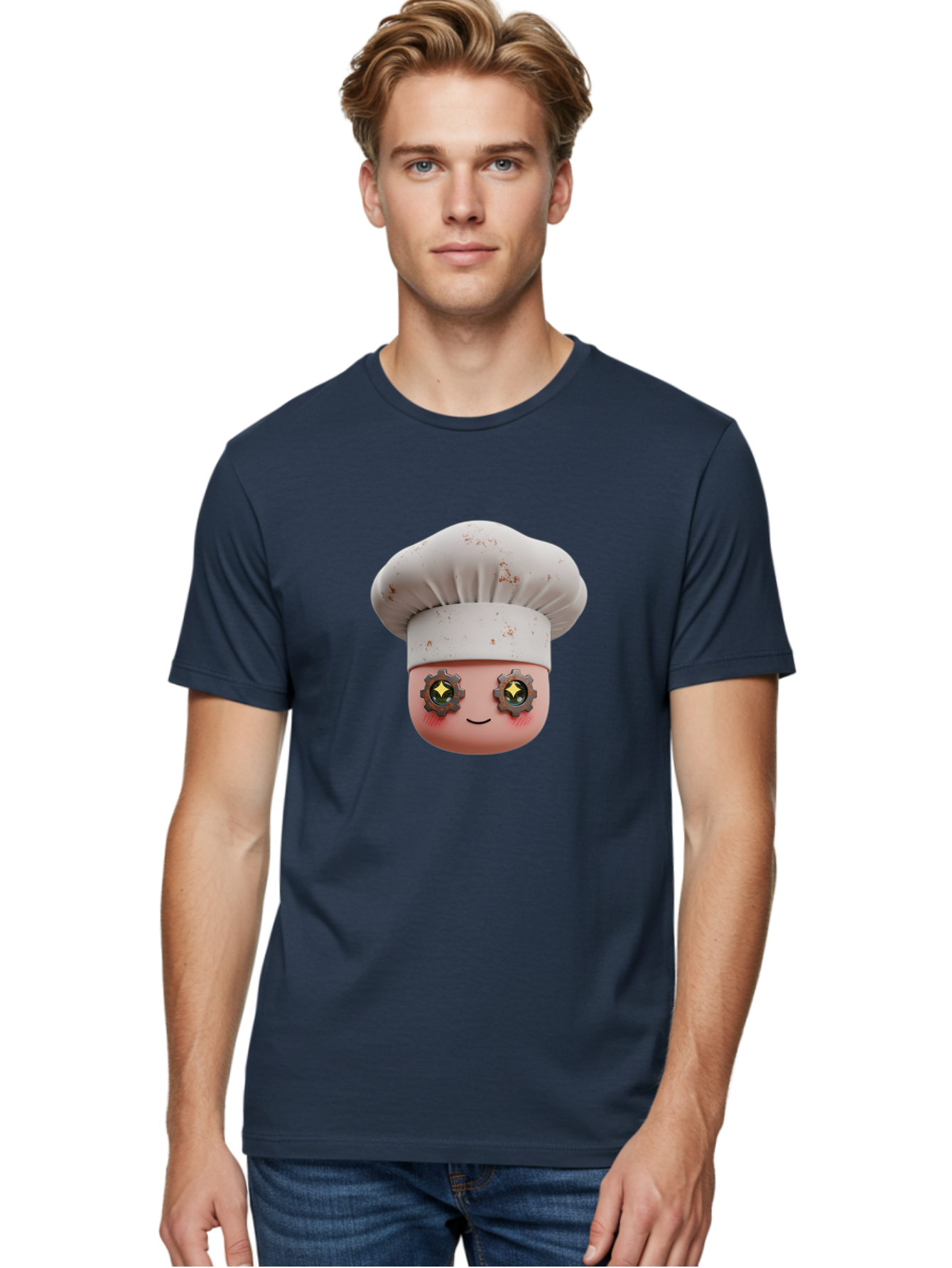 Chef-Emoji-2 Men'S Graphic Tee, 100% Cotton, Comfortable Casual Summer Wear, Machine Washable, Cartoon Chef, Cooking Emoji, Chef Hat, Robotic Eyes, Culinary Art, Kitchen Creativity, Digital Character, Foodie Fun, Animated Chef, Bac817