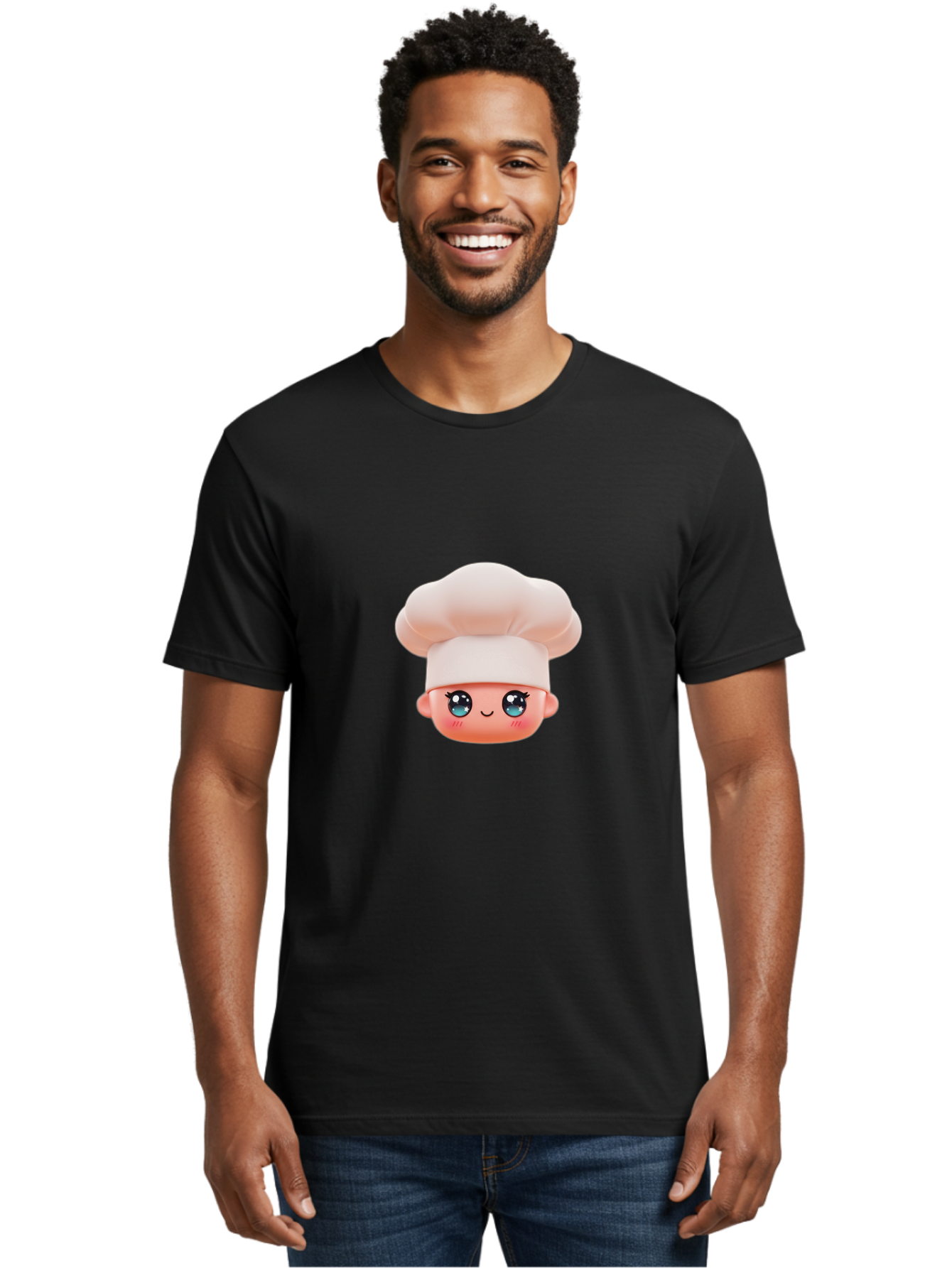 Chef-Emoji-3 Men'S Graphic Tee, 100% Cotton, Comfortable Casual Summer Wear, Machine Washable, Cartoon Character, Chef Hat, Smiling Face, Blue Eyes, Pink Cheeks, Kawaii Style, Cute Illustration, Cooking Theme, Doll Face, Fashion Accessory Bac818