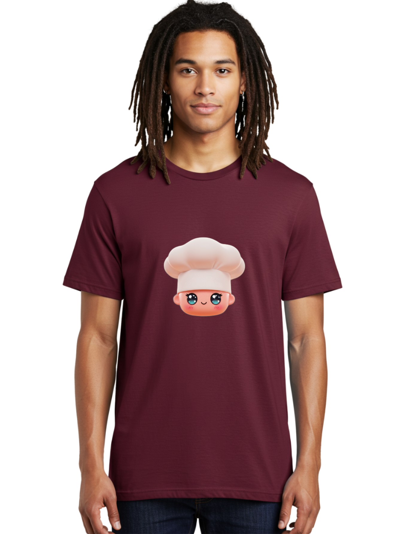 Chef-Emoji-3 Men'S Graphic Tee, 100% Cotton, Comfortable Casual Summer Wear, Machine Washable, Cartoon Character, Chef Hat, Smiling Face, Blue Eyes, Pink Cheeks, Kawaii Style, Cute Illustration, Cooking Theme, Doll Face, Fashion Accessory Bac818