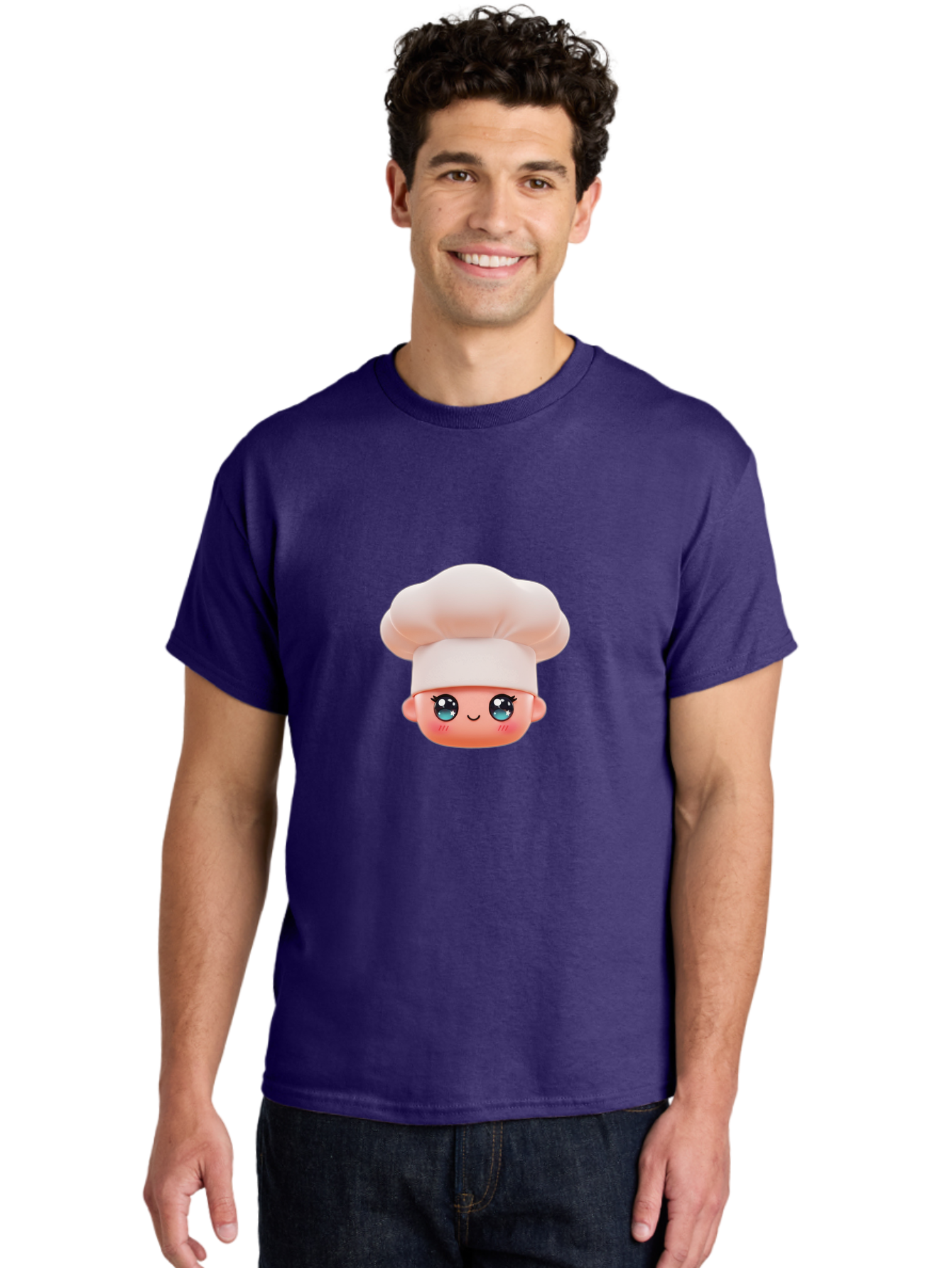 Chef-Emoji-3 Men'S Graphic Tee, 100% Cotton, Comfortable Casual Summer Wear, Machine Washable, Cartoon Character, Chef Hat, Smiling Face, Blue Eyes, Pink Cheeks, Kawaii Style, Cute Illustration, Cooking Theme, Doll Face, Fashion Accessory Bac818