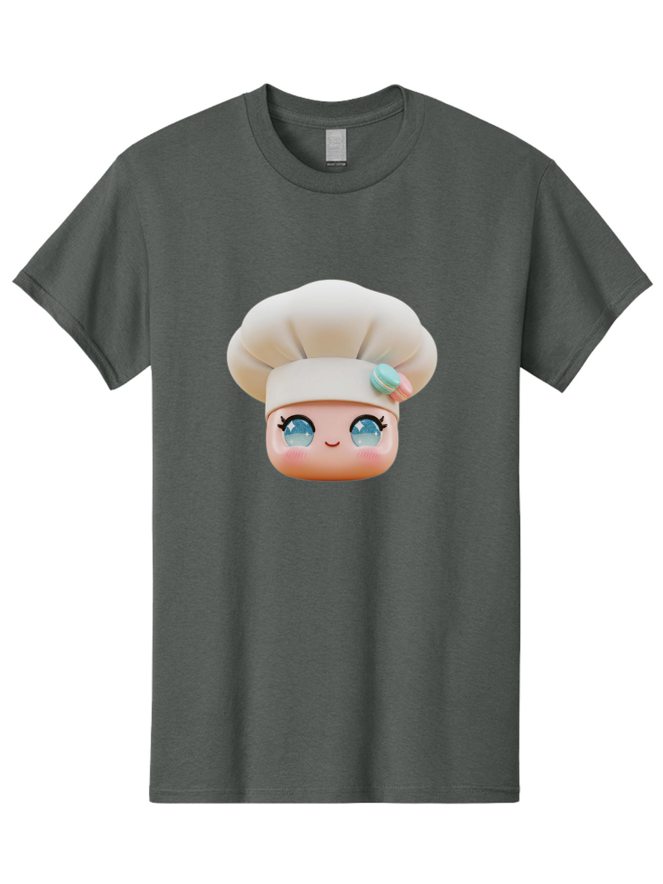 Chef-Face-1 Men'S Graphic Tee, 100% Cotton, Comfortable Casual Summer Wear, Machine Washable, Cartoon Chef Head, White Chef Hat, Blue Eyes, Smiling Face, Pink Cheeks, Macaron Decoration, Kawaii Style, Adorable Illustration, Digital Art, Bac821