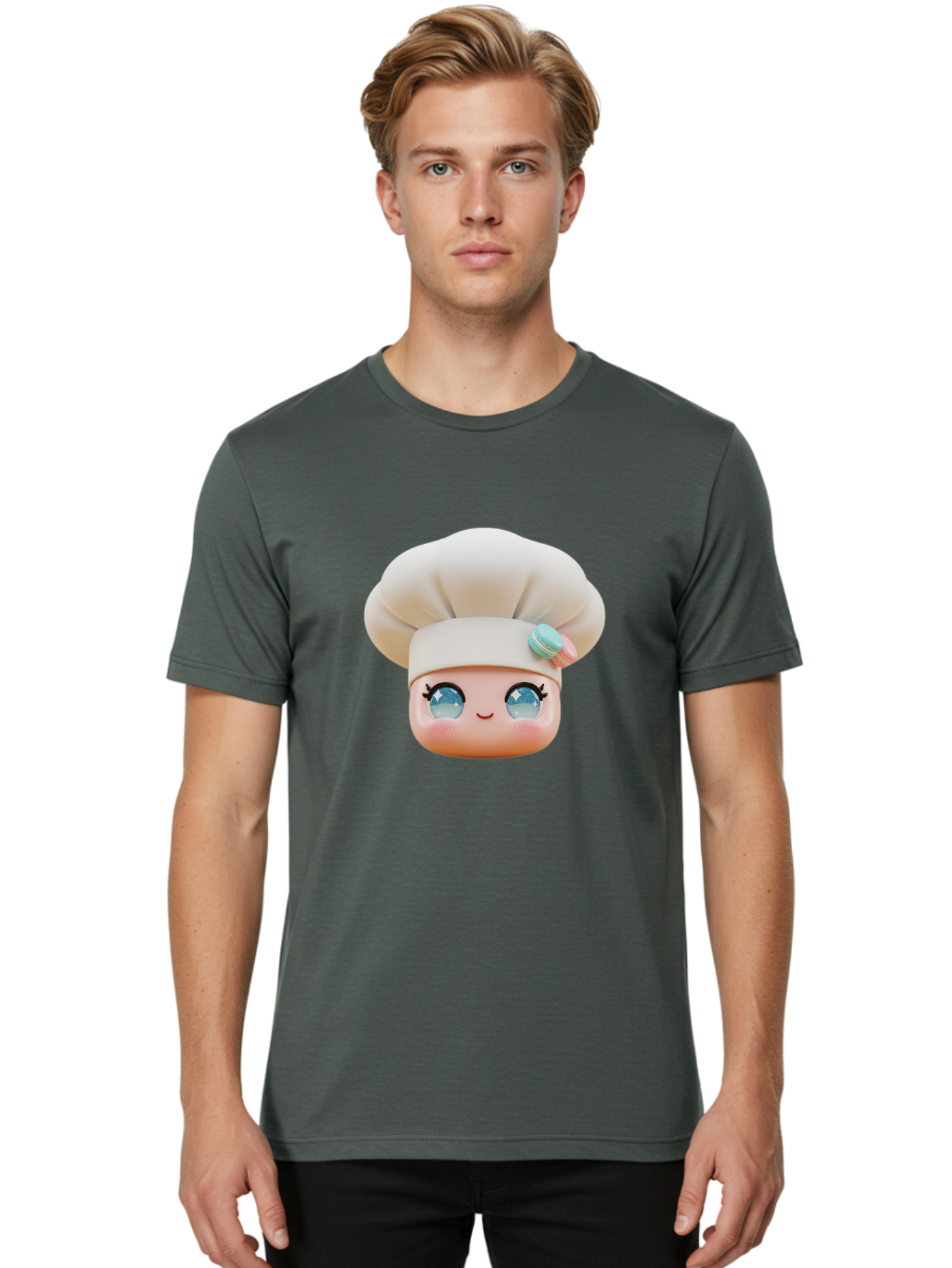Chef-Face-1 Men'S Graphic Tee, 100% Cotton, Comfortable Casual Summer Wear, Machine Washable, Cartoon Chef Head, White Chef Hat, Blue Eyes, Smiling Face, Pink Cheeks, Macaron Decoration, Kawaii Style, Adorable Illustration, Digital Art, Bac821