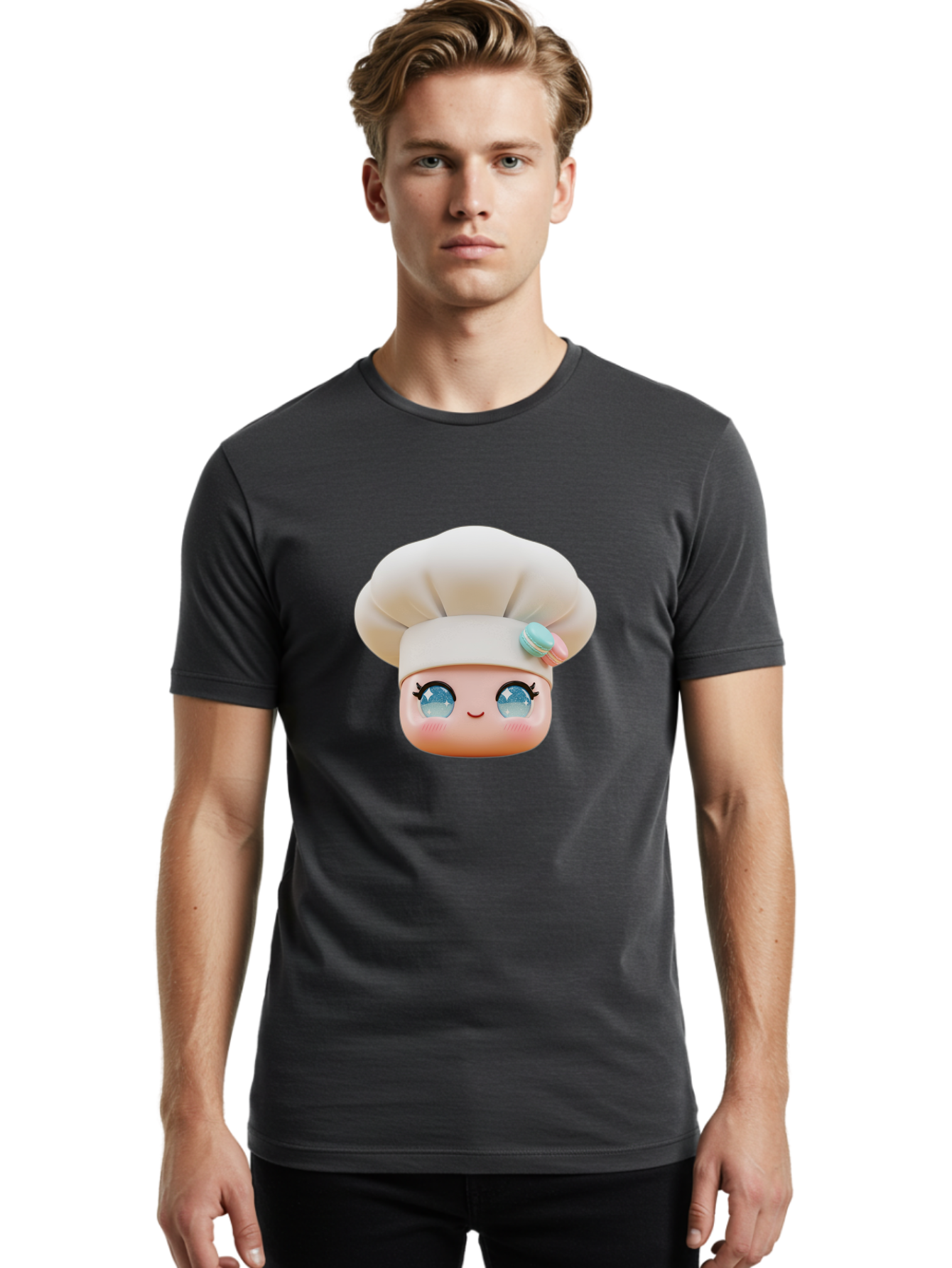 Chef-Face-1 Men'S Graphic Tee, 100% Cotton, Comfortable Casual Summer Wear, Machine Washable, Cartoon Chef Head, White Chef Hat, Blue Eyes, Smiling Face, Pink Cheeks, Macaron Decoration, Kawaii Style, Adorable Illustration, Digital Art, Bac821