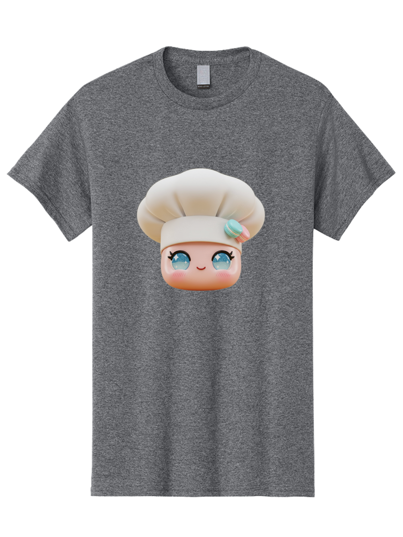 Chef-Face-1 Men'S Graphic Tee, 100% Cotton, Comfortable Casual Summer Wear, Machine Washable, Cartoon Chef Head, White Chef Hat, Blue Eyes, Smiling Face, Pink Cheeks, Macaron Decoration, Kawaii Style, Adorable Illustration, Digital Art, Bac821