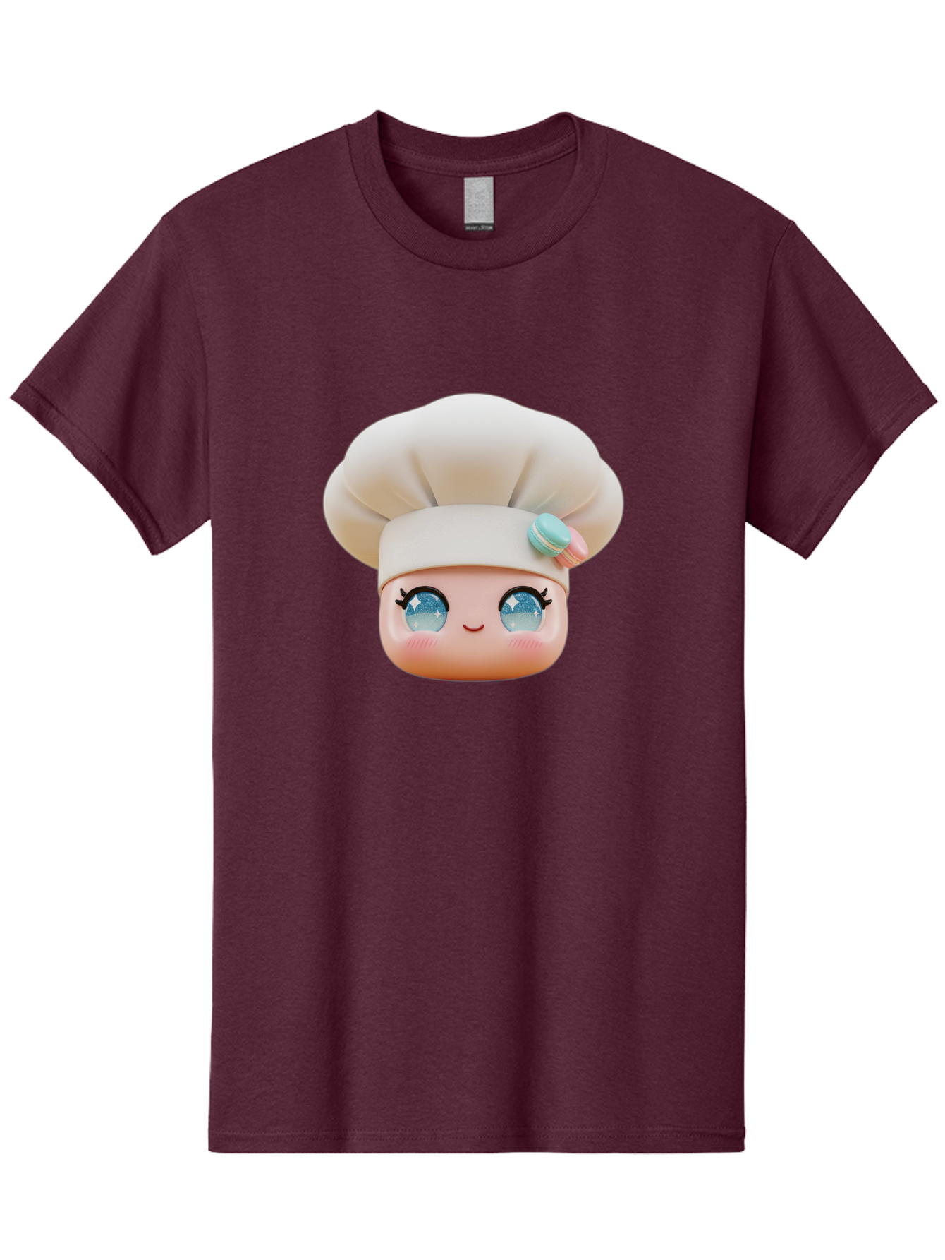 Chef-Face-1 Men'S Graphic Tee, 100% Cotton, Comfortable Casual Summer Wear, Machine Washable, Cartoon Chef Head, White Chef Hat, Blue Eyes, Smiling Face, Pink Cheeks, Macaron Decoration, Kawaii Style, Adorable Illustration, Digital Art, Bac821