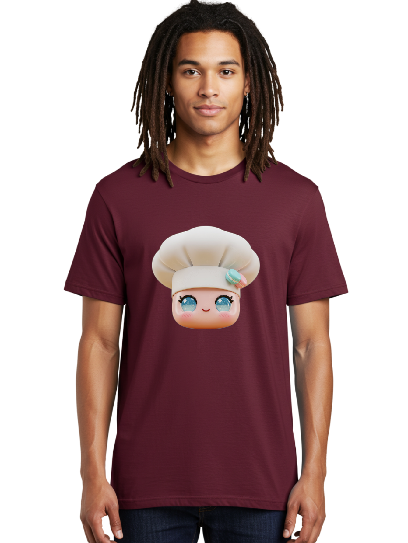 Chef-Face-1 Men'S Graphic Tee, 100% Cotton, Comfortable Casual Summer Wear, Machine Washable, Cartoon Chef Head, White Chef Hat, Blue Eyes, Smiling Face, Pink Cheeks, Macaron Decoration, Kawaii Style, Adorable Illustration, Digital Art, Bac821
