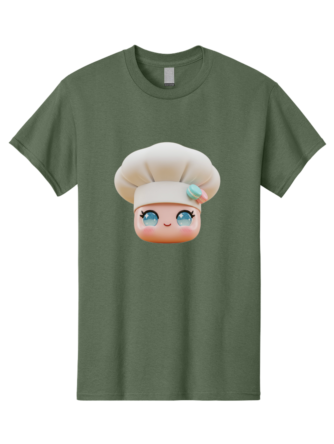Chef-Face-1 Men'S Graphic Tee, 100% Cotton, Comfortable Casual Summer Wear, Machine Washable, Cartoon Chef Head, White Chef Hat, Blue Eyes, Smiling Face, Pink Cheeks, Macaron Decoration, Kawaii Style, Adorable Illustration, Digital Art, Bac821