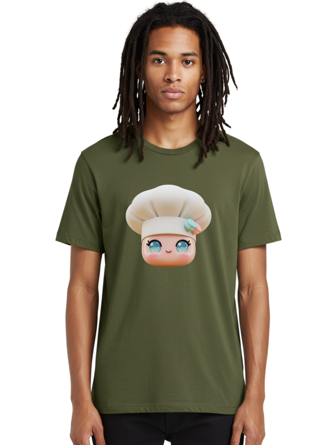 Chef-Face-1 Men'S Graphic Tee, 100% Cotton, Comfortable Casual Summer Wear, Machine Washable, Cartoon Chef Head, White Chef Hat, Blue Eyes, Smiling Face, Pink Cheeks, Macaron Decoration, Kawaii Style, Adorable Illustration, Digital Art, Bac821