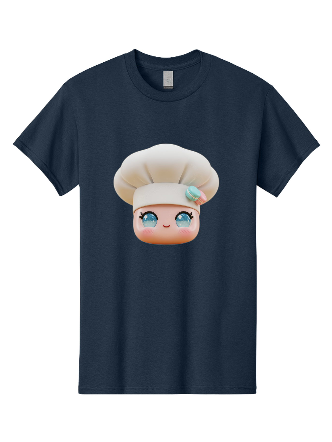 Chef-Face-1 Men'S Graphic Tee, 100% Cotton, Comfortable Casual Summer Wear, Machine Washable, Cartoon Chef Head, White Chef Hat, Blue Eyes, Smiling Face, Pink Cheeks, Macaron Decoration, Kawaii Style, Adorable Illustration, Digital Art, Bac821