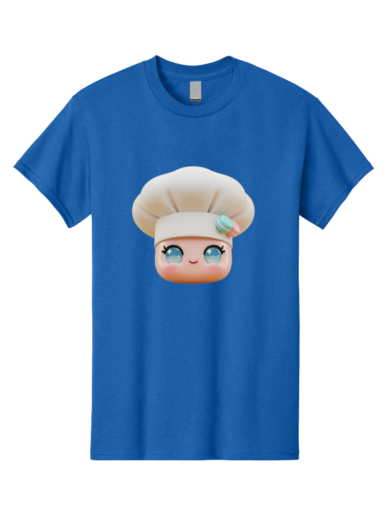 Chef-Face-1 Men'S Graphic Tee, 100% Cotton, Comfortable Casual Summer Wear, Machine Washable, Cartoon Chef Head, White Chef Hat, Blue Eyes, Smiling Face, Pink Cheeks, Macaron Decoration, Kawaii Style, Adorable Illustration, Digital Art, Bac821