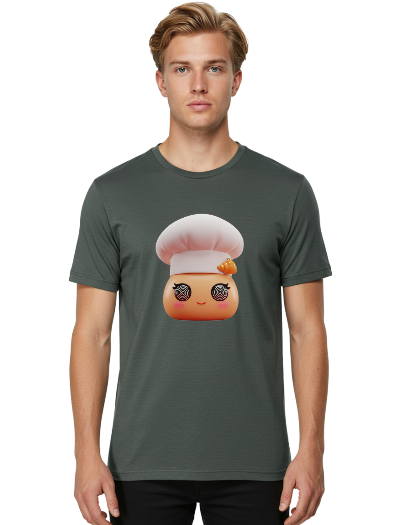 Chef-Face Men'S Graphic Tee, 100% Cotton, Comfortable Casual Summer Wear, Machine Washable, Cartoon Character, Chef Hat, Spiral Eyes, Cute Face, Cooking Theme, Kitchen Art, Whimsical Design, Kawaii Style, Playful Character Bac822