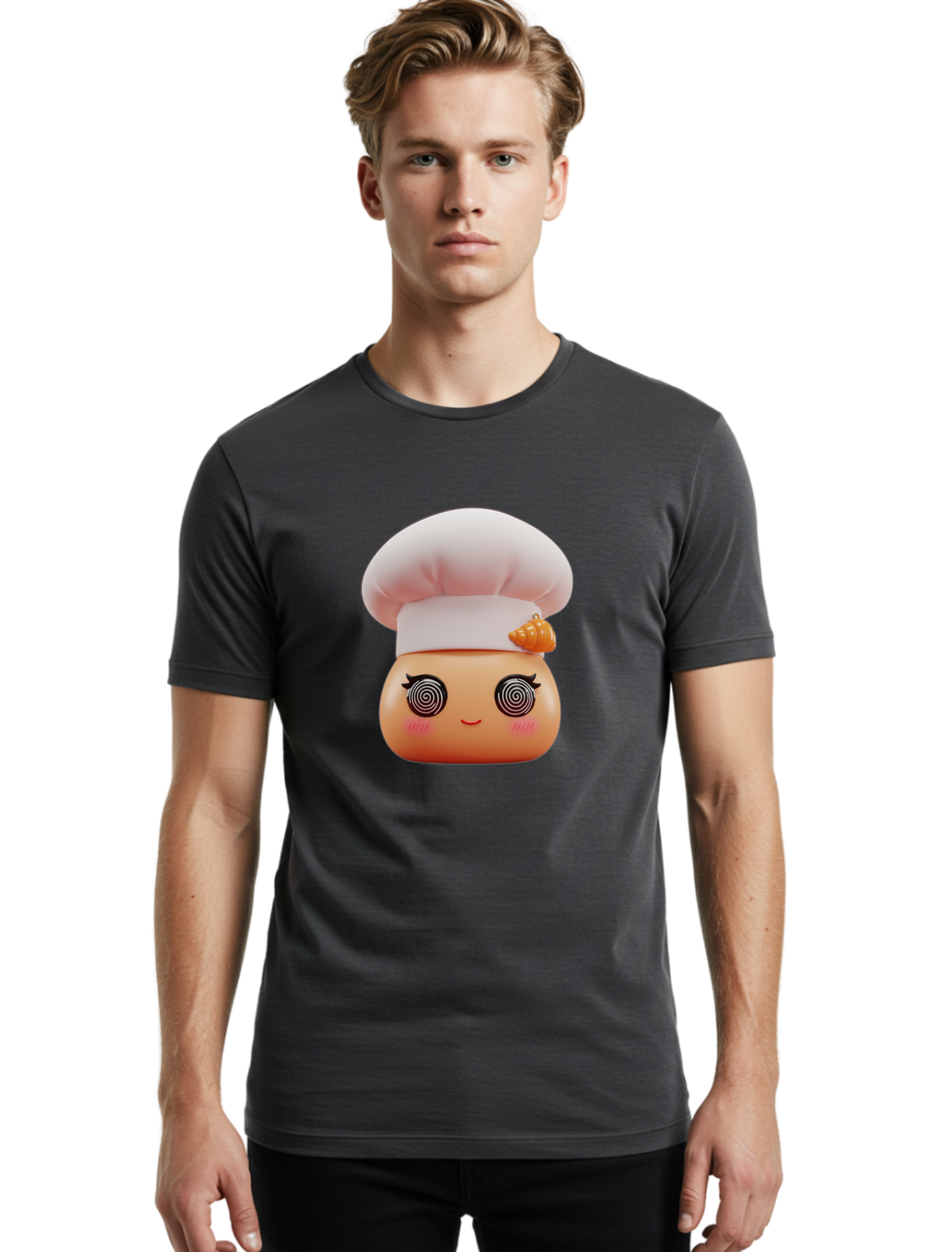 Chef-Face Men'S Graphic Tee, 100% Cotton, Comfortable Casual Summer Wear, Machine Washable, Cartoon Character, Chef Hat, Spiral Eyes, Cute Face, Cooking Theme, Kitchen Art, Whimsical Design, Kawaii Style, Playful Character Bac822
