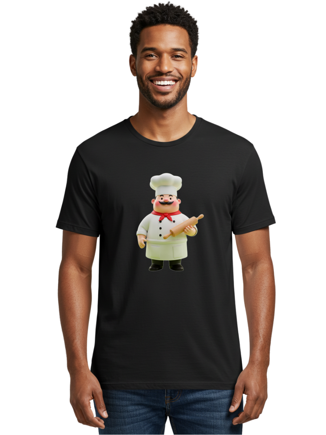 Chef-Figurine-1 Men'S Graphic Tee, 100% Cotton, Comfortable Casual Summer Wear, Machine Washable, Cartoon Chef Figurine, White Chef Coat, Red Neckerchief, Black Mustache, Rolling Pin, Cooking Utensils, Culinary Art, Kitchen Decor, Bac823