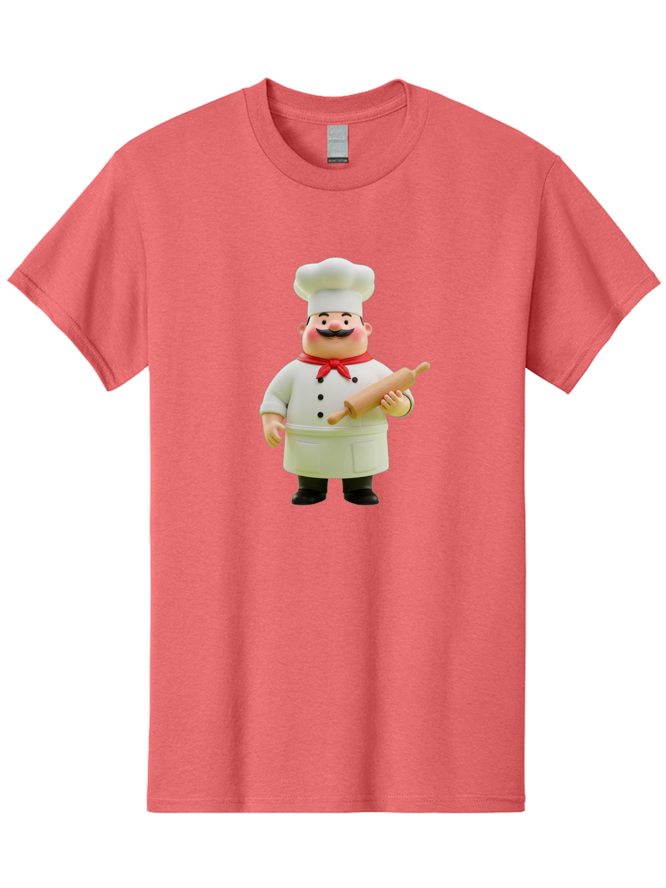 Chef-Figurine-1 Men'S Graphic Tee, 100% Cotton, Comfortable Casual Summer Wear, Machine Washable, Cartoon Chef Figurine, White Chef Coat, Red Neckerchief, Black Mustache, Rolling Pin, Cooking Utensils, Culinary Art, Kitchen Decor, Bac823