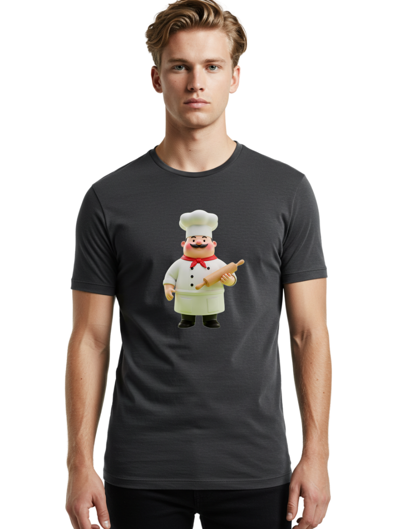 Chef-Figurine-1 Men'S Graphic Tee, 100% Cotton, Comfortable Casual Summer Wear, Machine Washable, Cartoon Chef Figurine, White Chef Coat, Red Neckerchief, Black Mustache, Rolling Pin, Cooking Utensils, Culinary Art, Kitchen Decor, Bac823