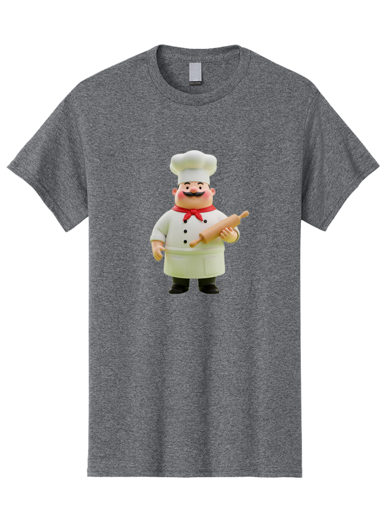 Chef-Figurine-1 Men'S Graphic Tee, 100% Cotton, Comfortable Casual Summer Wear, Machine Washable, Cartoon Chef Figurine, White Chef Coat, Red Neckerchief, Black Mustache, Rolling Pin, Cooking Utensils, Culinary Art, Kitchen Decor, Bac823