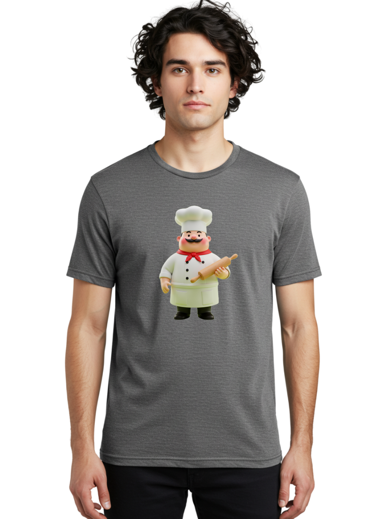 Chef-Figurine-1 Men'S Graphic Tee, 100% Cotton, Comfortable Casual Summer Wear, Machine Washable, Cartoon Chef Figurine, White Chef Coat, Red Neckerchief, Black Mustache, Rolling Pin, Cooking Utensils, Culinary Art, Kitchen Decor, Bac823