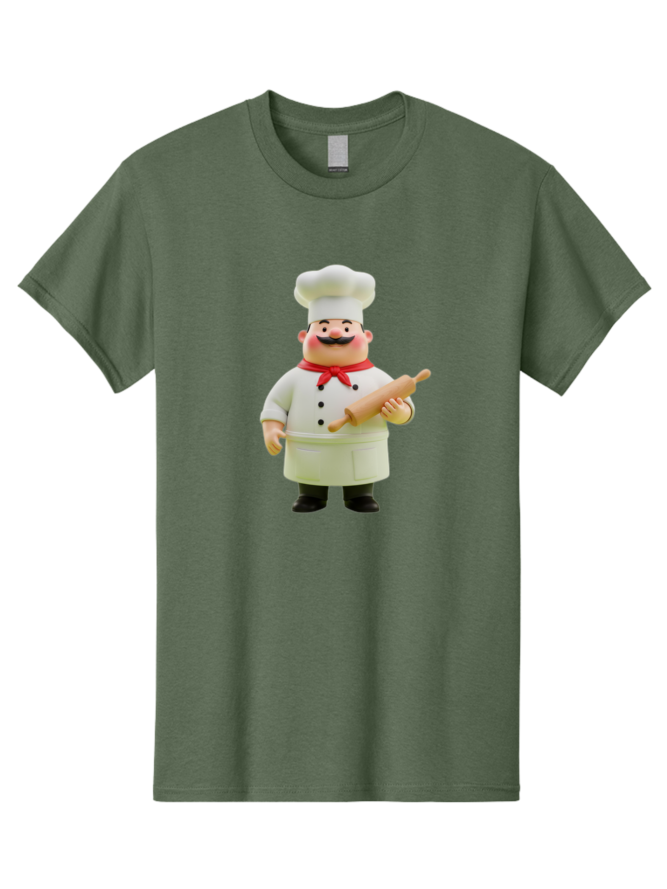 Chef-Figurine-1 Men'S Graphic Tee, 100% Cotton, Comfortable Casual Summer Wear, Machine Washable, Cartoon Chef Figurine, White Chef Coat, Red Neckerchief, Black Mustache, Rolling Pin, Cooking Utensils, Culinary Art, Kitchen Decor, Bac823