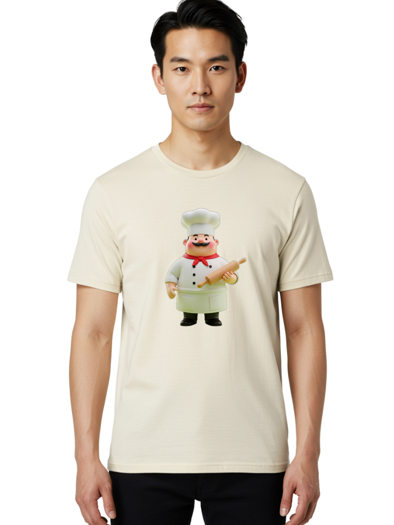 Chef-Figurine-1 Men'S Graphic Tee, 100% Cotton, Comfortable Casual Summer Wear, Machine Washable, Cartoon Chef Figurine, White Chef Coat, Red Neckerchief, Black Mustache, Rolling Pin, Cooking Utensils, Culinary Art, Kitchen Decor, Bac823