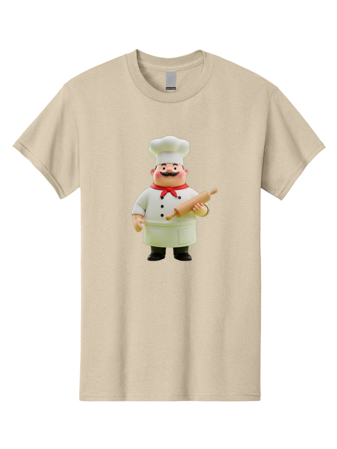 Chef-Figurine-1 Men'S Graphic Tee, 100% Cotton, Comfortable Casual Summer Wear, Machine Washable, Cartoon Chef Figurine, White Chef Coat, Red Neckerchief, Black Mustache, Rolling Pin, Cooking Utensils, Culinary Art, Kitchen Decor, Bac823