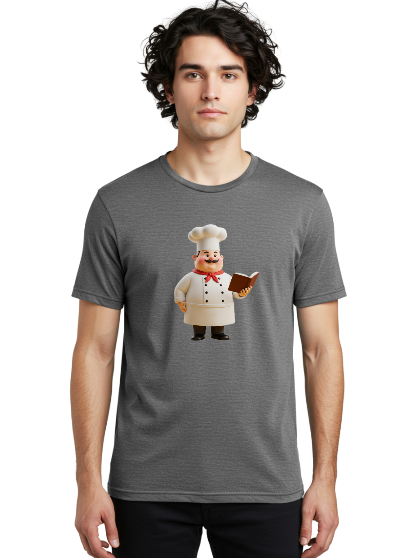 Chef-Figurine-2 Men'S Graphic Tee, 100% Cotton, Comfortable Casual Summer Wear, Machine Washable, Chef Hat, Chef Jacket, Red Neckerchief, Cookbook, Recipe Book, Chef Character, Cartoon Chef, Mustached Man, Cooking Attire, Culinary Expert Bac824