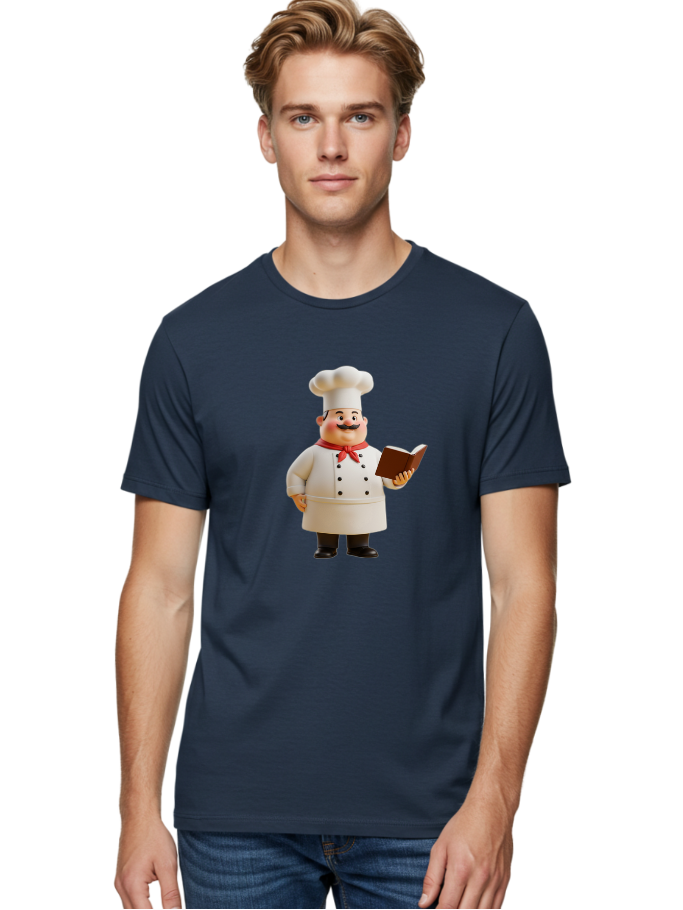 Chef-Figurine-2 Men'S Graphic Tee, 100% Cotton, Comfortable Casual Summer Wear, Machine Washable, Chef Hat, Chef Jacket, Red Neckerchief, Cookbook, Recipe Book, Chef Character, Cartoon Chef, Mustached Man, Cooking Attire, Culinary Expert Bac824