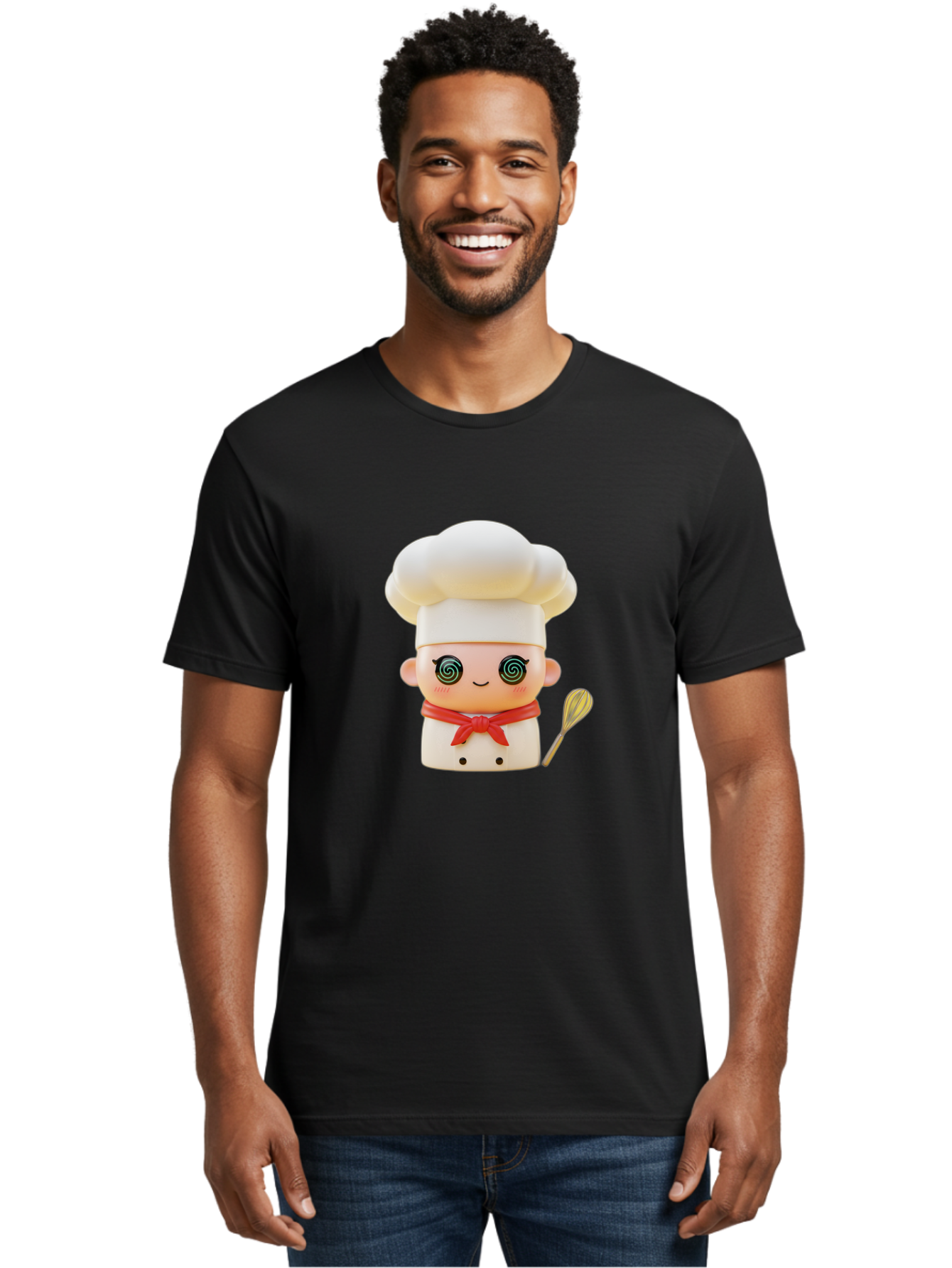 Chef-Figurine-3 Men'S Graphic Tee, 100% Cotton, Comfortable Casual Summer Wear, Machine Washable, Chef Figurine, White Chef Hat, Red Ribbon, Swirl Eyes, Cute Face, Baking Accessories, Whisk, Cooking Utensils, Culinary Art, Kawaii Character, Bac825