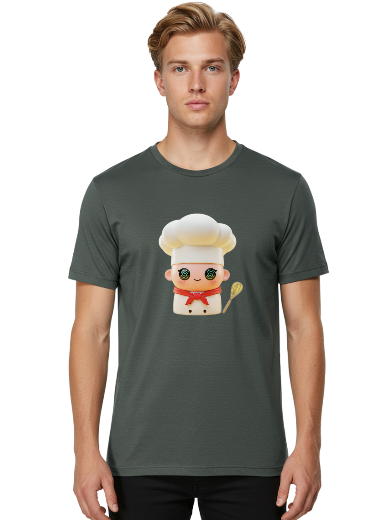 Chef-Figurine-3 Men'S Graphic Tee, 100% Cotton, Comfortable Casual Summer Wear, Machine Washable, Chef Figurine, White Chef Hat, Red Ribbon, Swirl Eyes, Cute Face, Baking Accessories, Whisk, Cooking Utensils, Culinary Art, Kawaii Character, Bac825