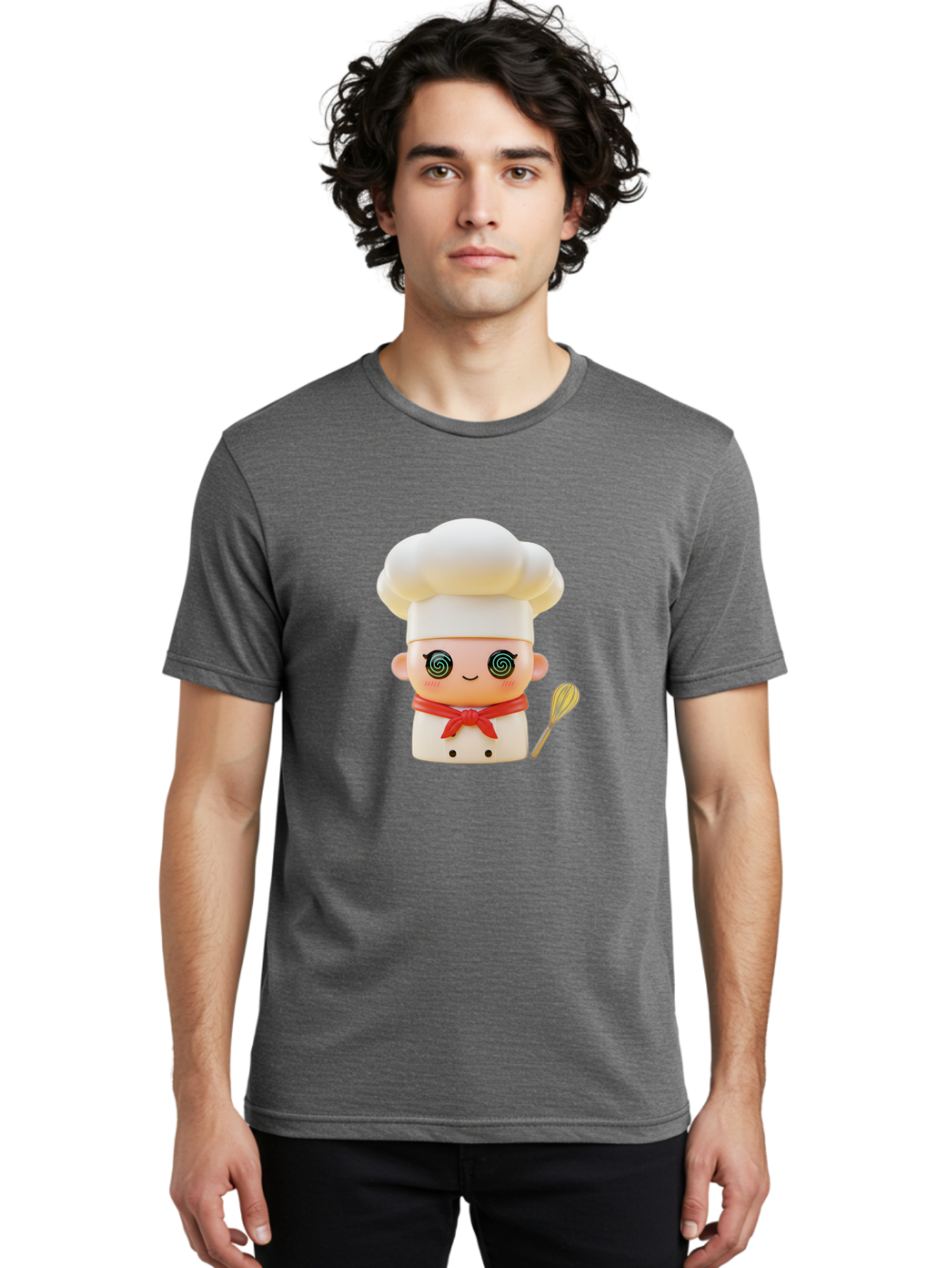 Chef-Figurine-3 Men'S Graphic Tee, 100% Cotton, Comfortable Casual Summer Wear, Machine Washable, Chef Figurine, White Chef Hat, Red Ribbon, Swirl Eyes, Cute Face, Baking Accessories, Whisk, Cooking Utensils, Culinary Art, Kawaii Character, Bac825
