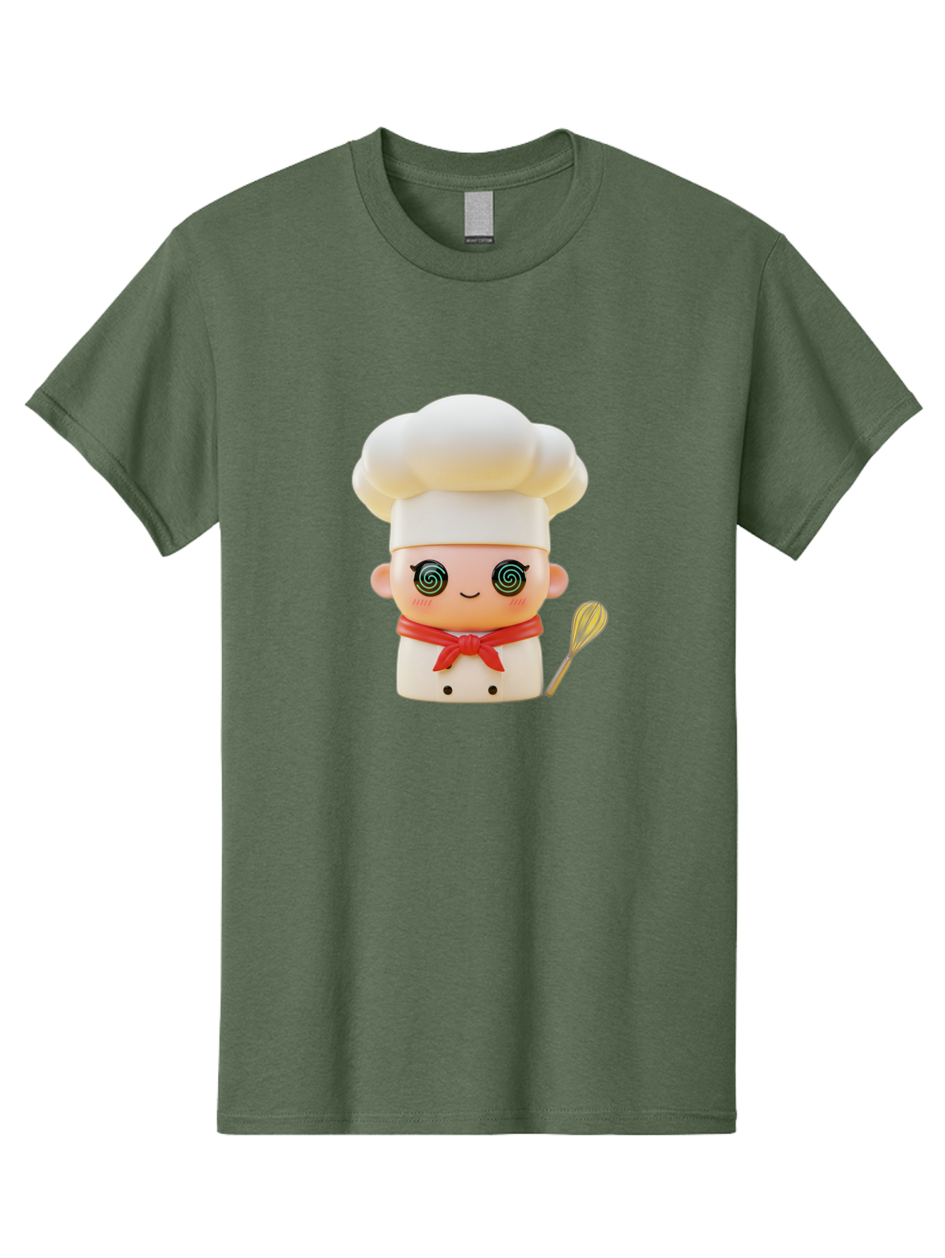 Chef-Figurine-3 Men'S Graphic Tee, 100% Cotton, Comfortable Casual Summer Wear, Machine Washable, Chef Figurine, White Chef Hat, Red Ribbon, Swirl Eyes, Cute Face, Baking Accessories, Whisk, Cooking Utensils, Culinary Art, Kawaii Character, Bac825