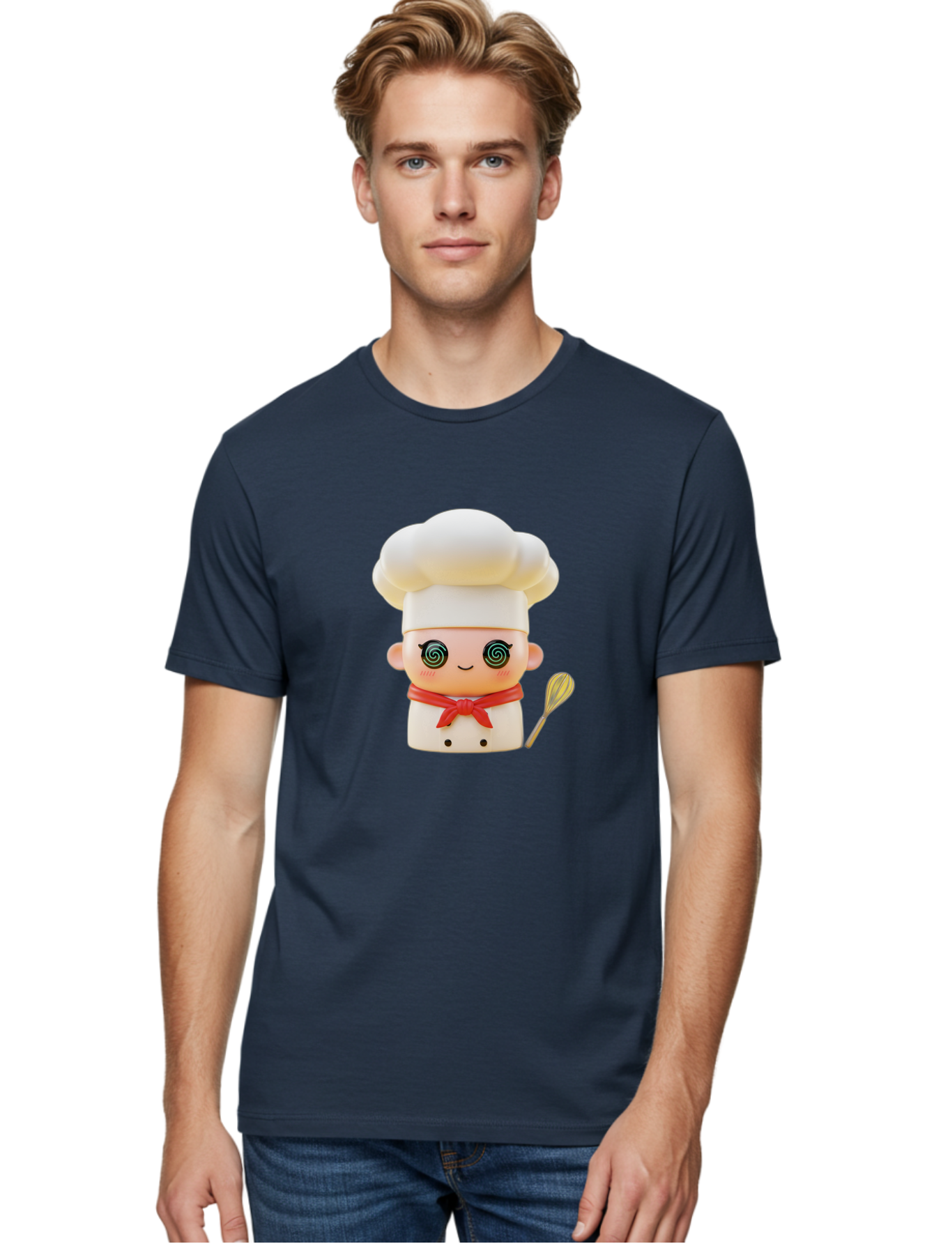Chef-Figurine-3 Men'S Graphic Tee, 100% Cotton, Comfortable Casual Summer Wear, Machine Washable, Chef Figurine, White Chef Hat, Red Ribbon, Swirl Eyes, Cute Face, Baking Accessories, Whisk, Cooking Utensils, Culinary Art, Kawaii Character, Bac825
