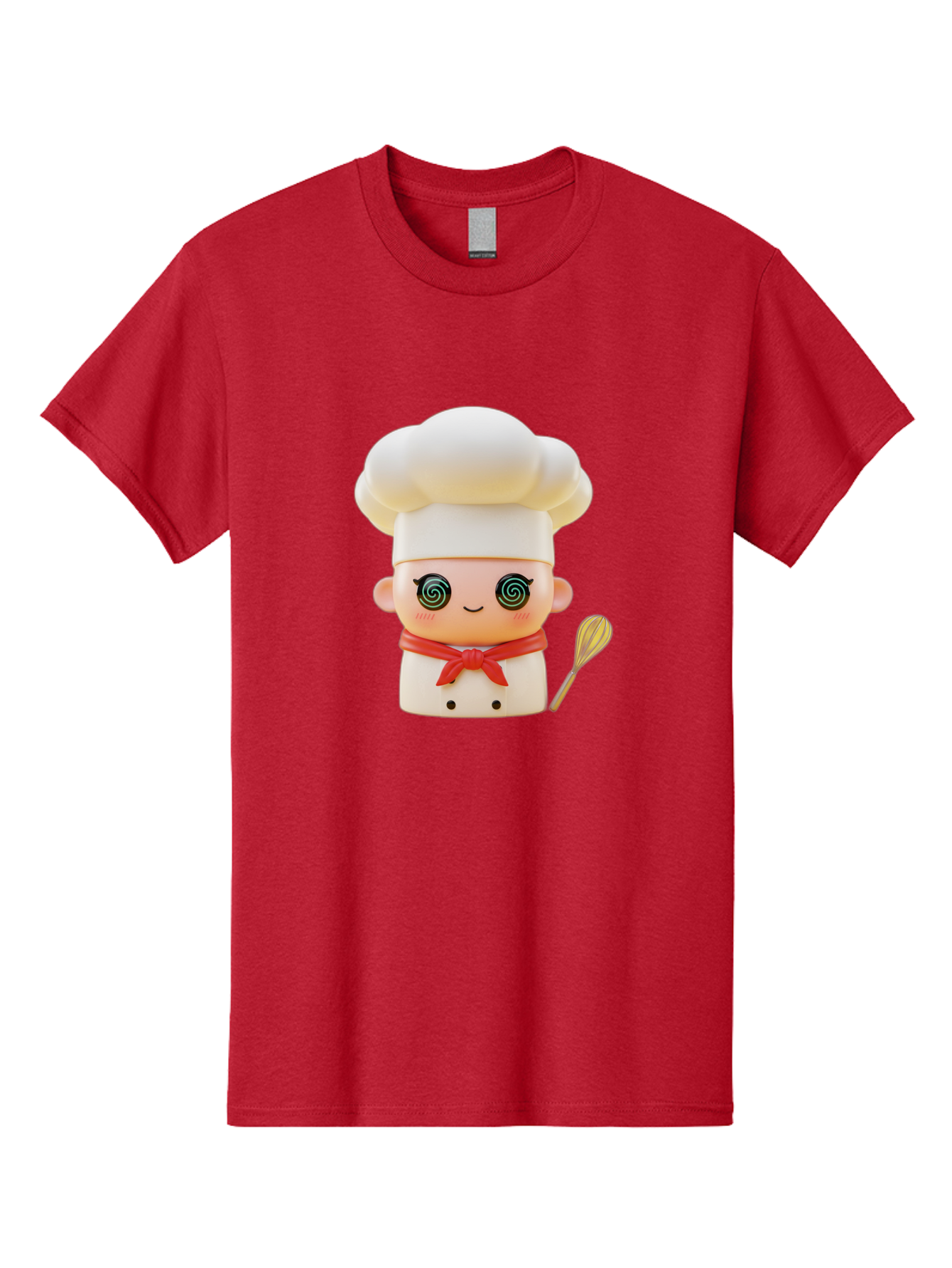Chef-Figurine-3 Men'S Graphic Tee, 100% Cotton, Comfortable Casual Summer Wear, Machine Washable, Chef Figurine, White Chef Hat, Red Ribbon, Swirl Eyes, Cute Face, Baking Accessories, Whisk, Cooking Utensils, Culinary Art, Kawaii Character, Bac825