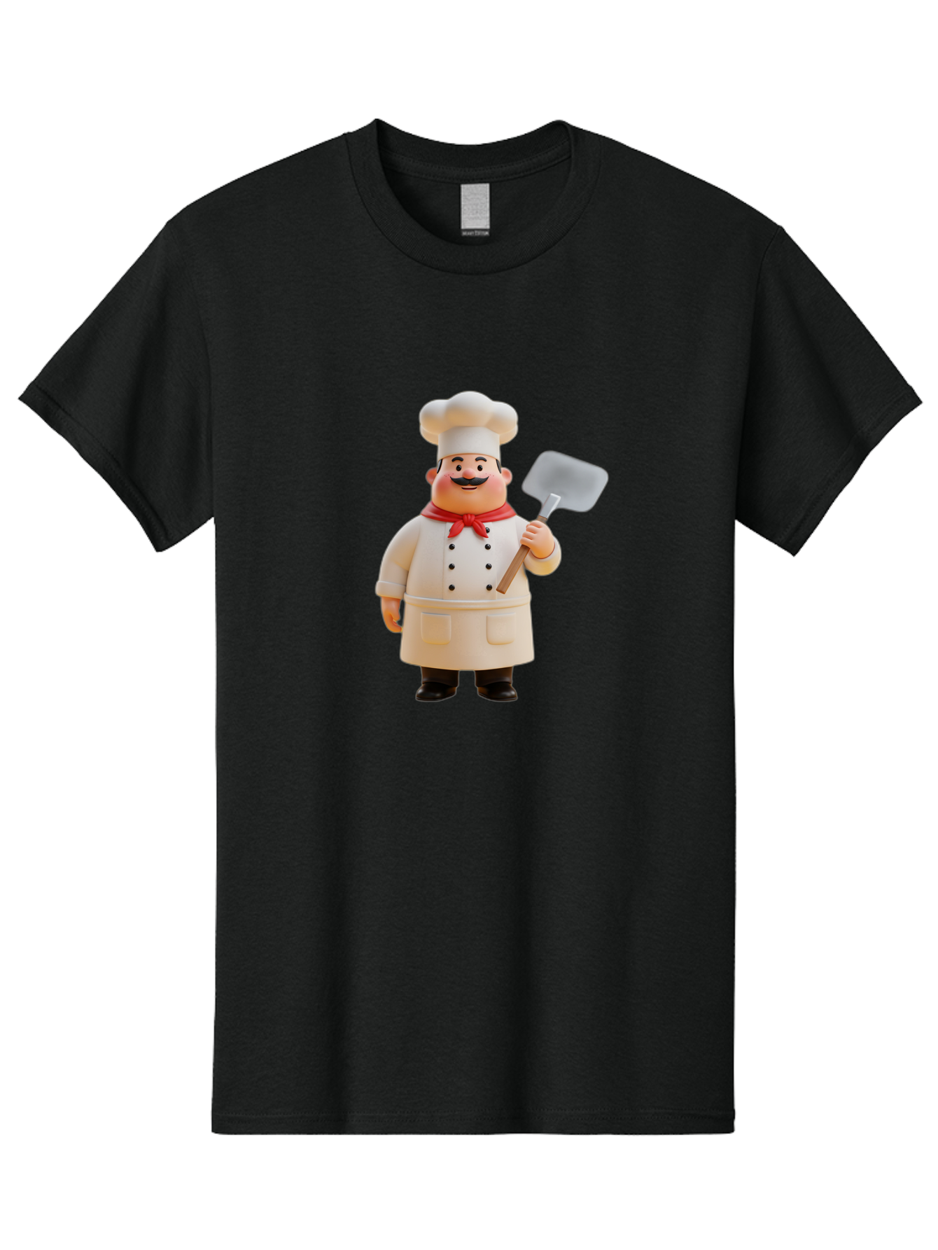 Chef-Figurine Men'S Graphic Tee, 100% Cotton, Comfortable Casual Summer Wear, Machine Washable, Lego Figurine Of A Chef, White Hat, Red Neckerchief, White Double-Breasted Jacket, Black Trousers, Black Shoes, Mustache, Holding A Spatula, Bac826