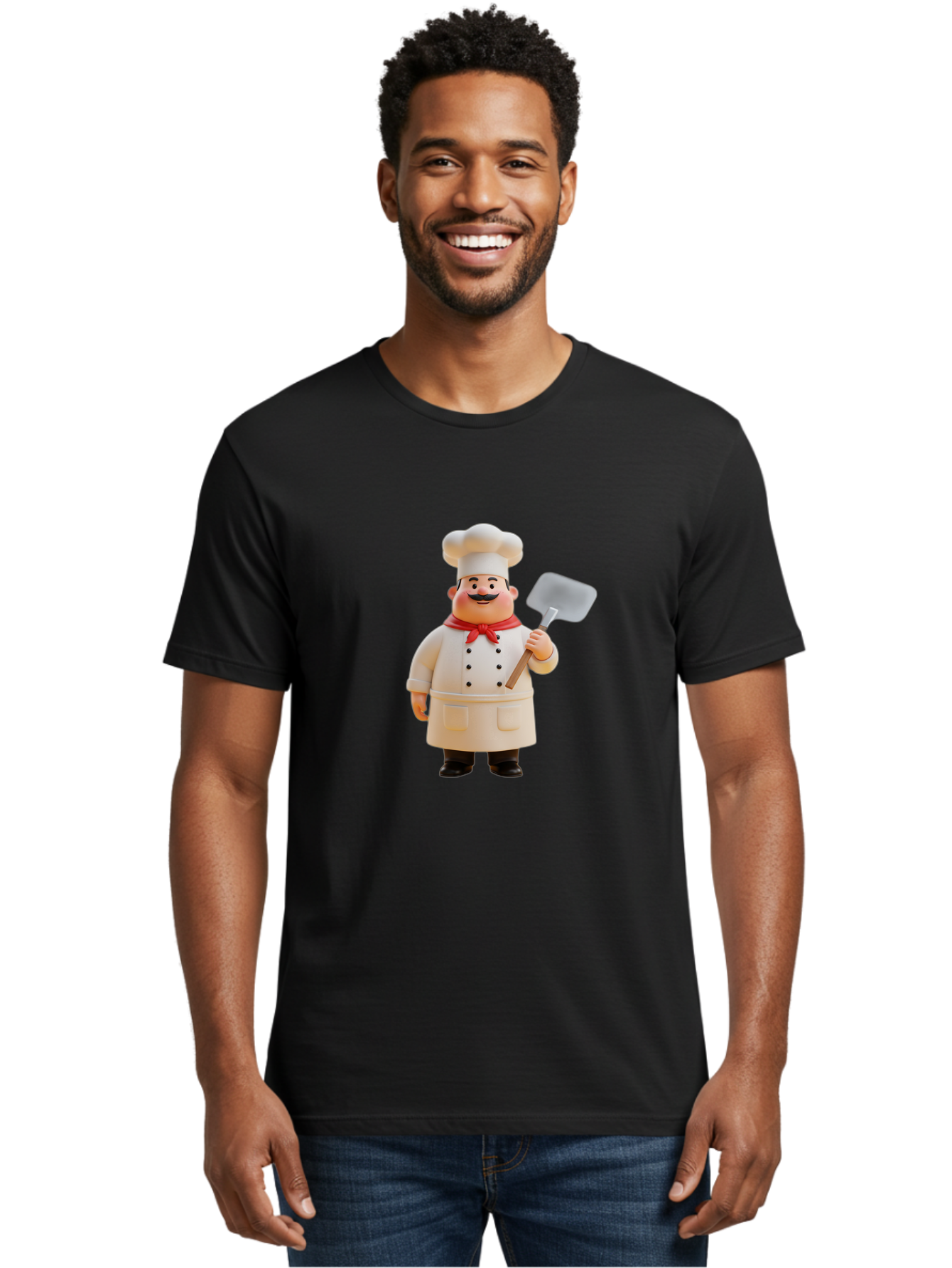 Chef-Figurine Men'S Graphic Tee, 100% Cotton, Comfortable Casual Summer Wear, Machine Washable, Lego Figurine Of A Chef, White Hat, Red Neckerchief, White Double-Breasted Jacket, Black Trousers, Black Shoes, Mustache, Holding A Spatula, Bac826