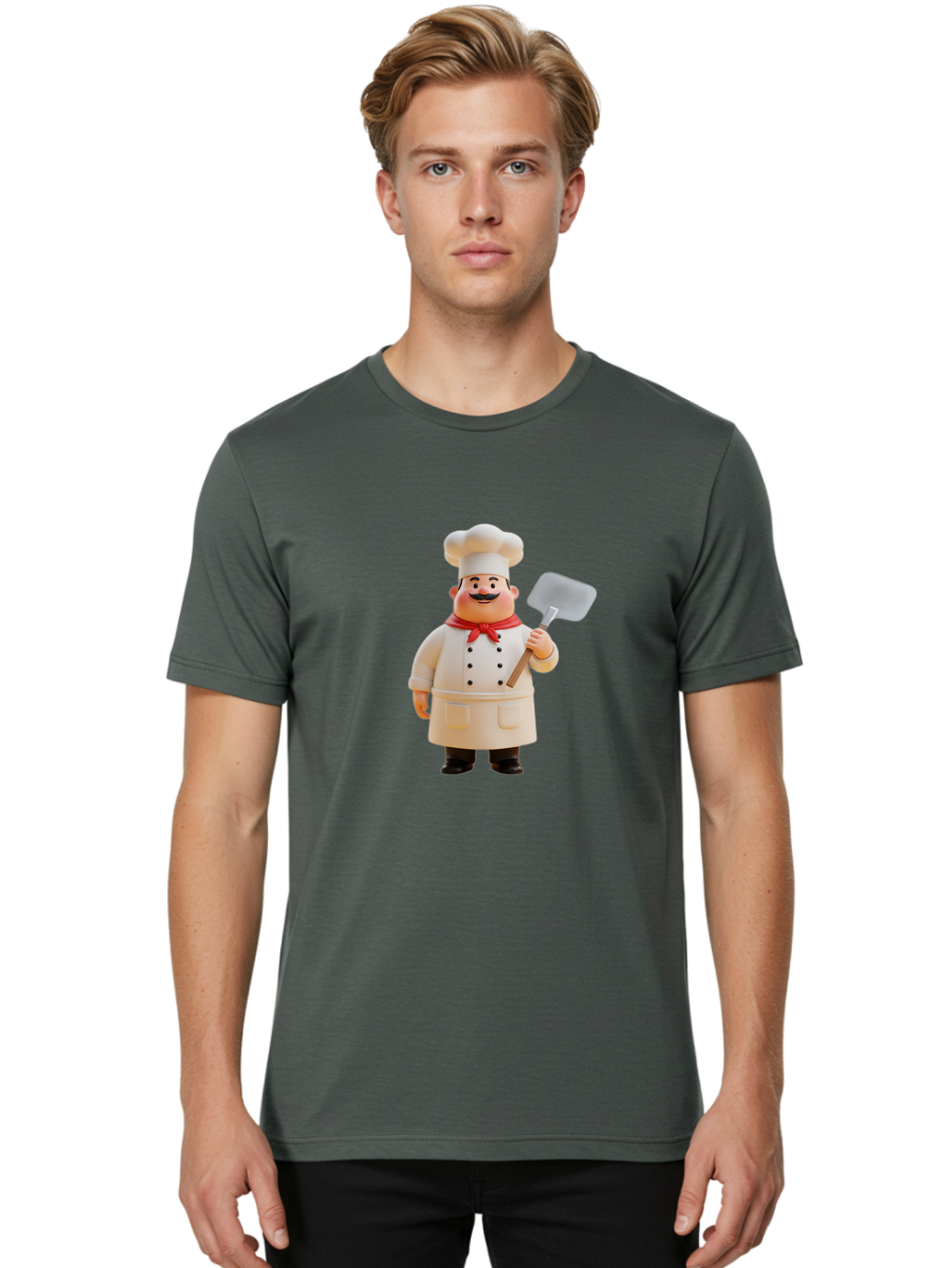 Chef-Figurine Men'S Graphic Tee, 100% Cotton, Comfortable Casual Summer Wear, Machine Washable, Lego Figurine Of A Chef, White Hat, Red Neckerchief, White Double-Breasted Jacket, Black Trousers, Black Shoes, Mustache, Holding A Spatula, Bac826
