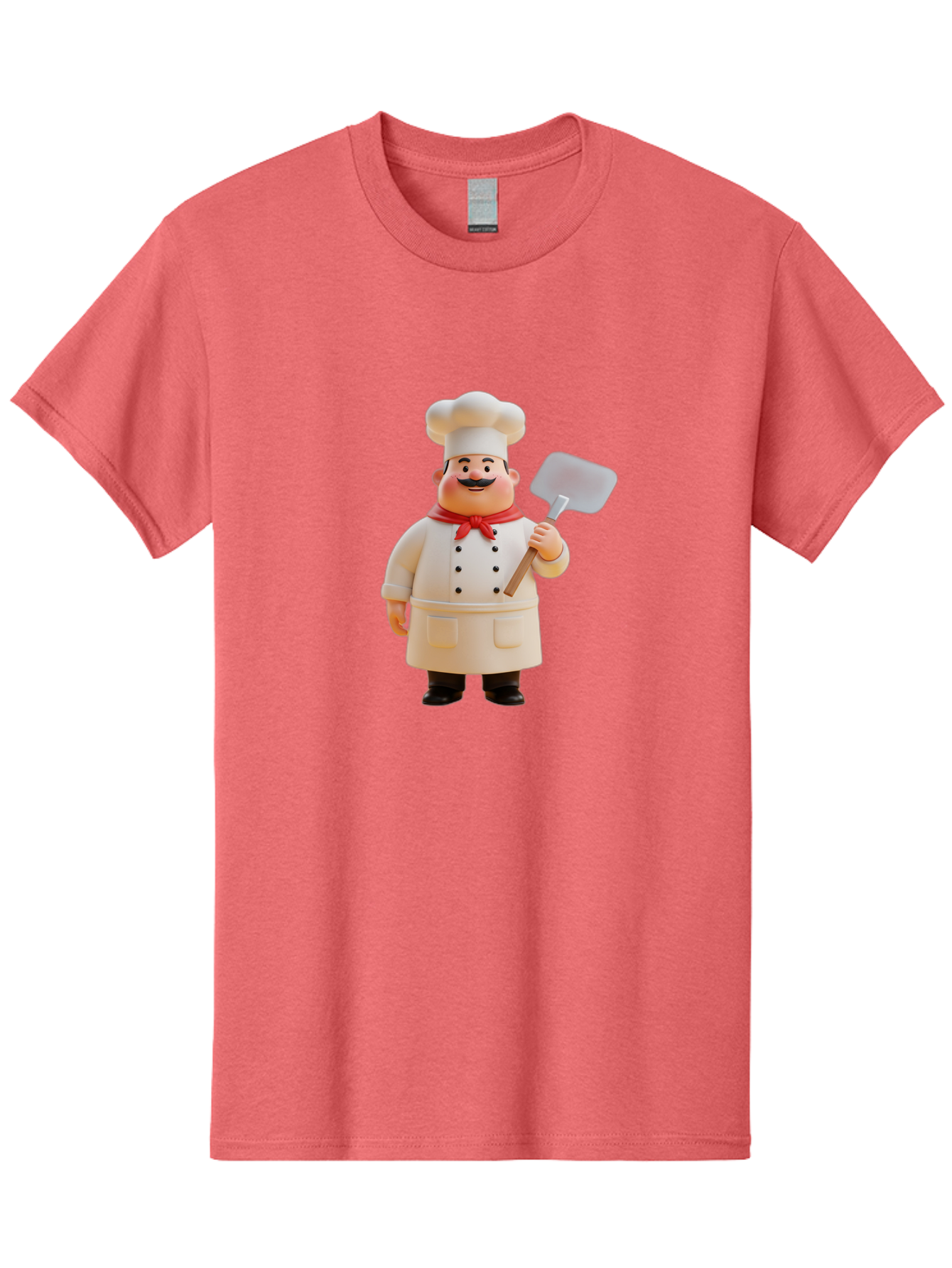Chef-Figurine Men'S Graphic Tee, 100% Cotton, Comfortable Casual Summer Wear, Machine Washable, Lego Figurine Of A Chef, White Hat, Red Neckerchief, White Double-Breasted Jacket, Black Trousers, Black Shoes, Mustache, Holding A Spatula, Bac826