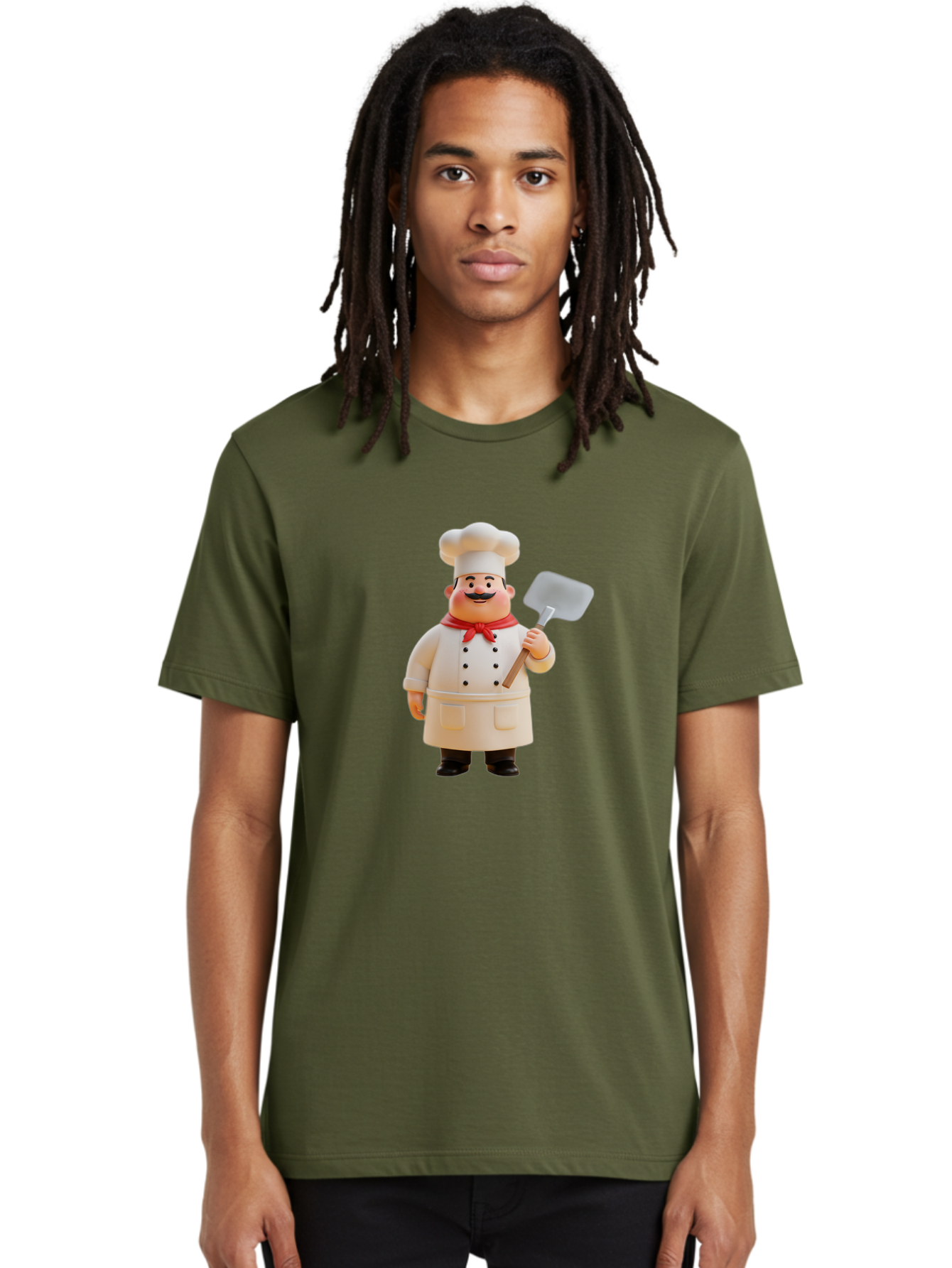 Chef-Figurine Men'S Graphic Tee, 100% Cotton, Comfortable Casual Summer Wear, Machine Washable, Lego Figurine Of A Chef, White Hat, Red Neckerchief, White Double-Breasted Jacket, Black Trousers, Black Shoes, Mustache, Holding A Spatula, Bac826