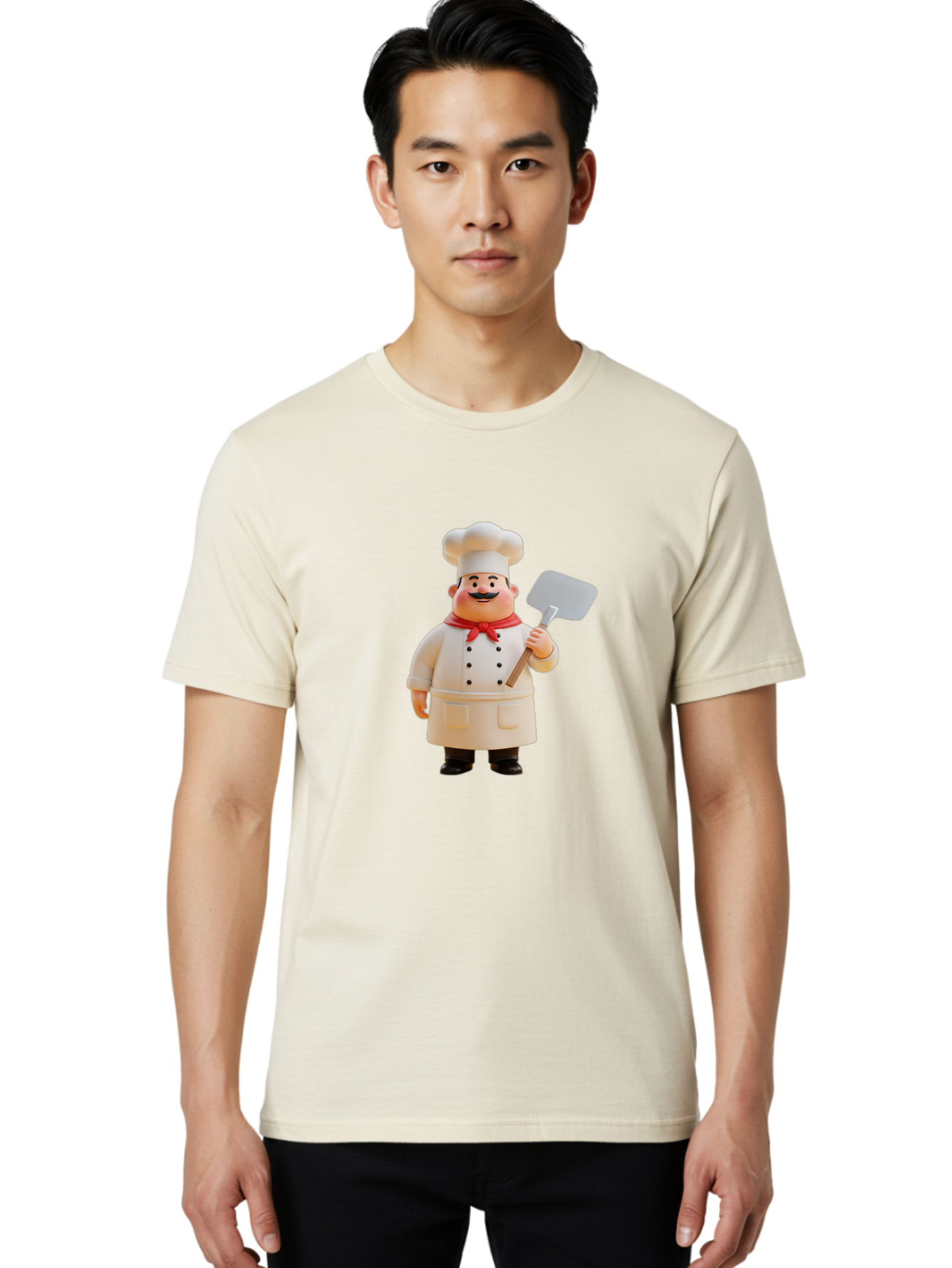 Chef-Figurine Men'S Graphic Tee, 100% Cotton, Comfortable Casual Summer Wear, Machine Washable, Lego Figurine Of A Chef, White Hat, Red Neckerchief, White Double-Breasted Jacket, Black Trousers, Black Shoes, Mustache, Holding A Spatula, Bac826