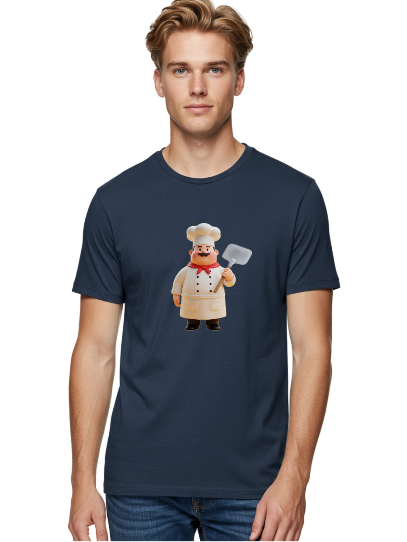 Chef-Figurine Men'S Graphic Tee, 100% Cotton, Comfortable Casual Summer Wear, Machine Washable, Lego Figurine Of A Chef, White Hat, Red Neckerchief, White Double-Breasted Jacket, Black Trousers, Black Shoes, Mustache, Holding A Spatula, Bac826