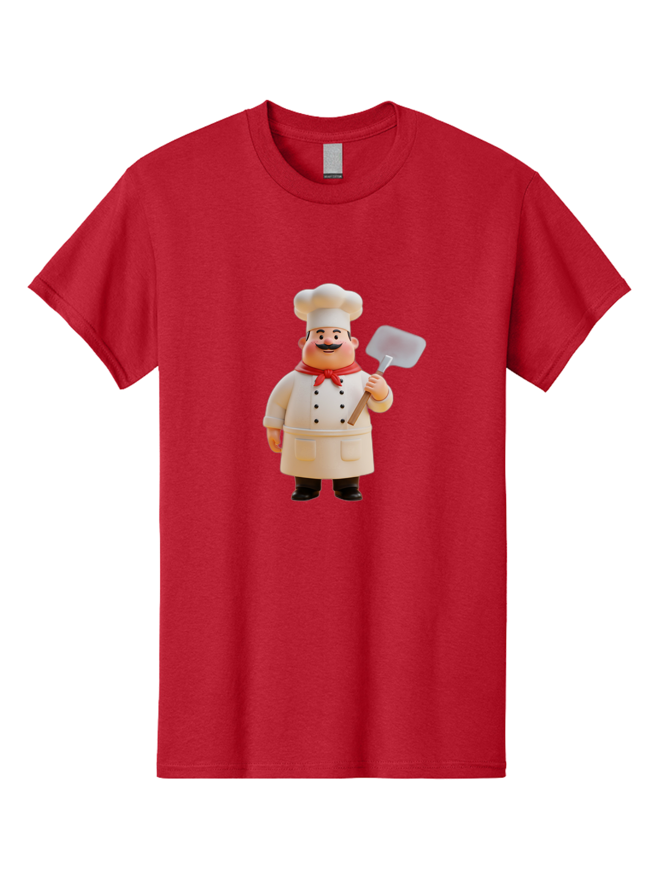 Chef-Figurine Men'S Graphic Tee, 100% Cotton, Comfortable Casual Summer Wear, Machine Washable, Lego Figurine Of A Chef, White Hat, Red Neckerchief, White Double-Breasted Jacket, Black Trousers, Black Shoes, Mustache, Holding A Spatula, Bac826