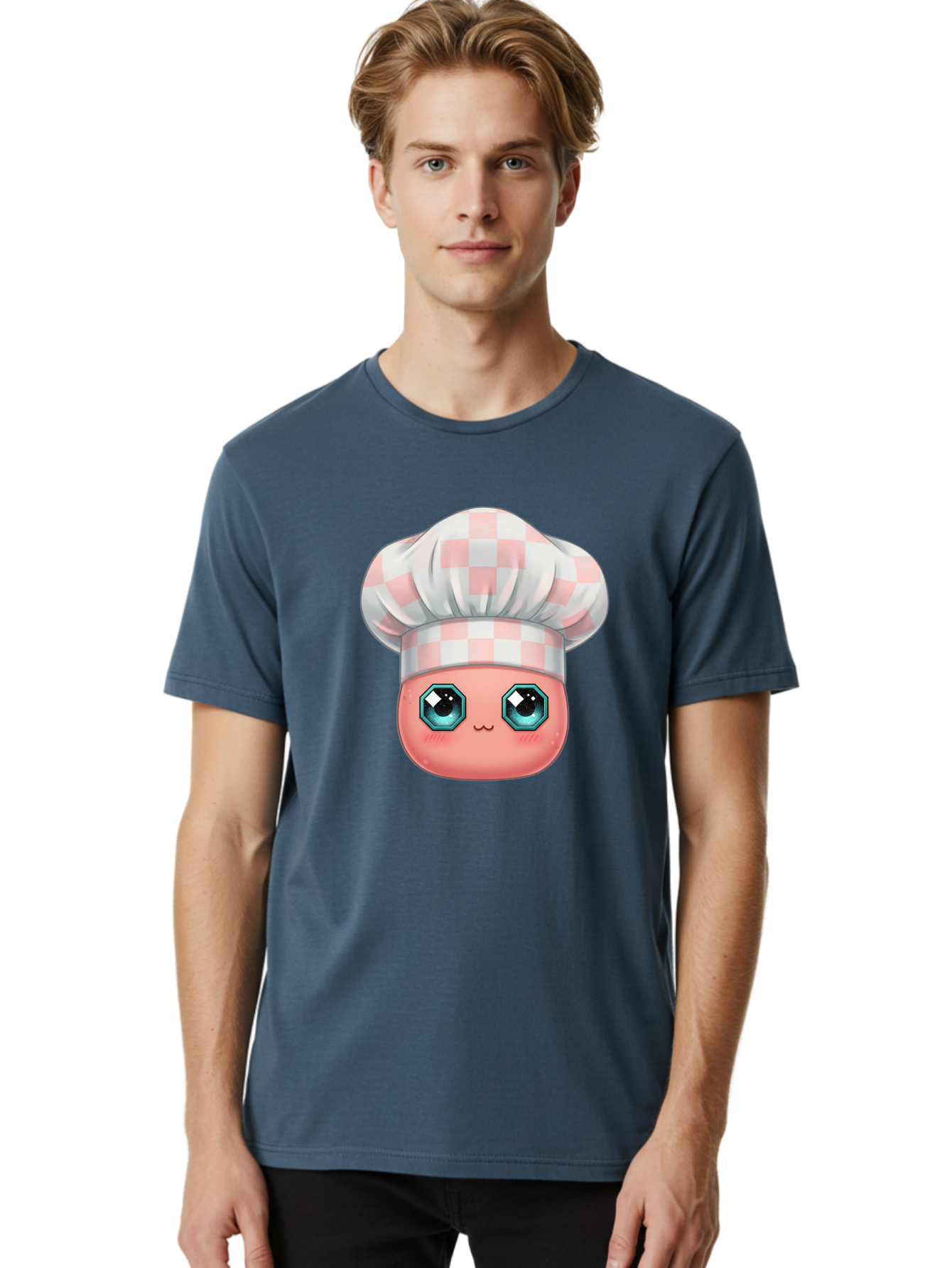 Chef-Gingham-Hat Men'S Graphic Tee, 100% Cotton, Comfortable Casual Summer Wear, Machine Washable, Cartoon Character, Chef Hat, Pink Checkered Pattern, Cute Face, Blue Eyes, Futuristic Look, Kawaii Style, Cooking, Baking, Foodie Culture, Bac827