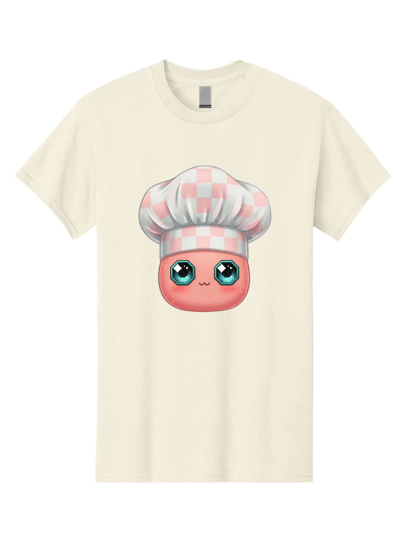 Chef-Gingham-Hat Men'S Graphic Tee, 100% Cotton, Comfortable Casual Summer Wear, Machine Washable, Cartoon Character, Chef Hat, Pink Checkered Pattern, Cute Face, Blue Eyes, Futuristic Look, Kawaii Style, Cooking, Baking, Foodie Culture, Bac827