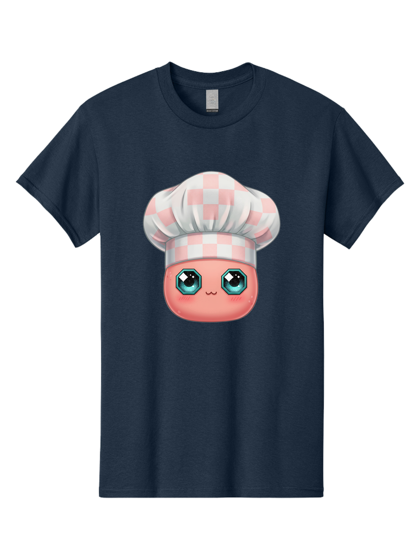 Chef-Gingham-Hat Men'S Graphic Tee, 100% Cotton, Comfortable Casual Summer Wear, Machine Washable, Cartoon Character, Chef Hat, Pink Checkered Pattern, Cute Face, Blue Eyes, Futuristic Look, Kawaii Style, Cooking, Baking, Foodie Culture, Bac827
