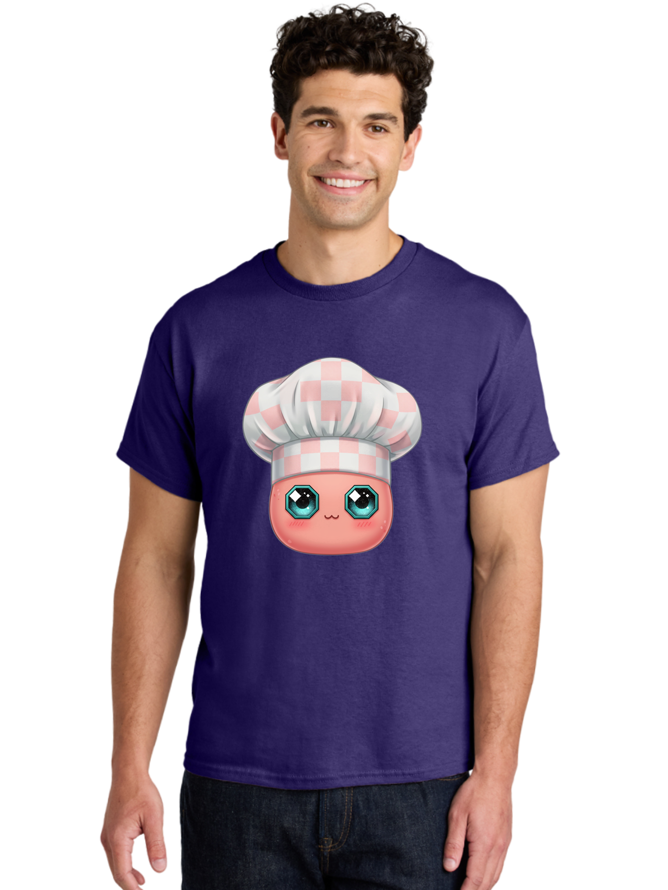 Chef-Gingham-Hat Men'S Graphic Tee, 100% Cotton, Comfortable Casual Summer Wear, Machine Washable, Cartoon Character, Chef Hat, Pink Checkered Pattern, Cute Face, Blue Eyes, Futuristic Look, Kawaii Style, Cooking, Baking, Foodie Culture, Bac827