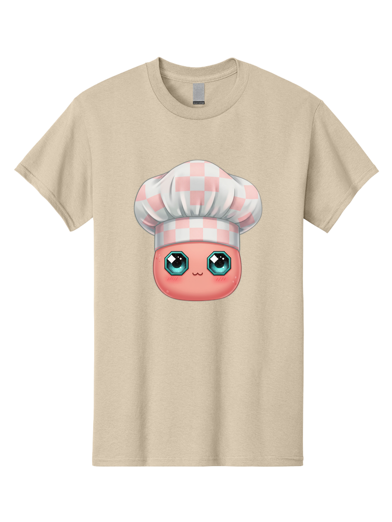 Chef-Gingham-Hat Men'S Graphic Tee, 100% Cotton, Comfortable Casual Summer Wear, Machine Washable, Cartoon Character, Chef Hat, Pink Checkered Pattern, Cute Face, Blue Eyes, Futuristic Look, Kawaii Style, Cooking, Baking, Foodie Culture, Bac827