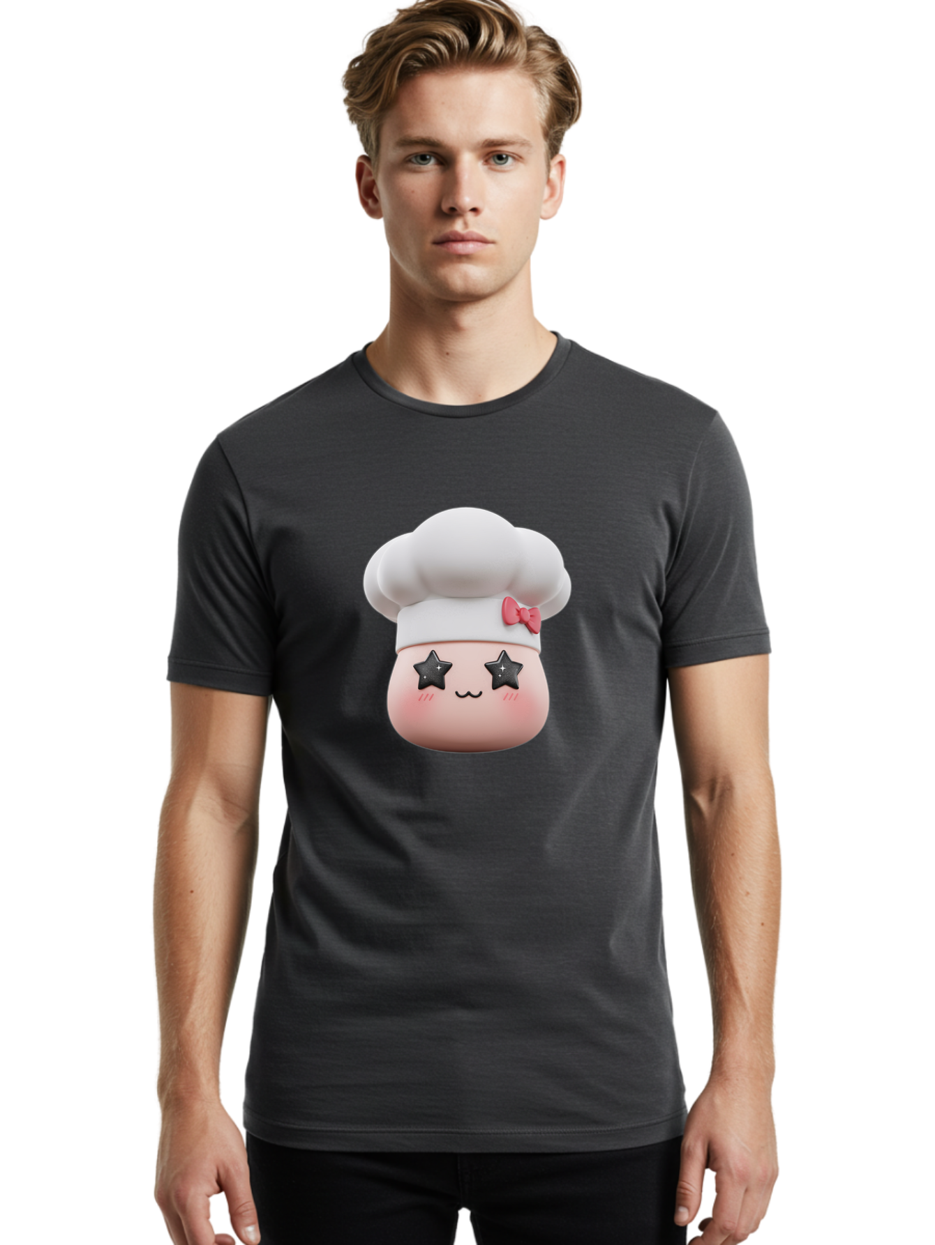 Chef-Hat-Character Men'S Graphic Tee, 100% Cotton, Comfortable Casual Summer Wear, Machine Washable, Cute Cartoon Chef, Cooking Character, Kawaii Foodie, Chef'S Hat, Pink Bow, Star Eyes, Smiling Face, Rosy Cheeks, Baking Illustration, Bac829