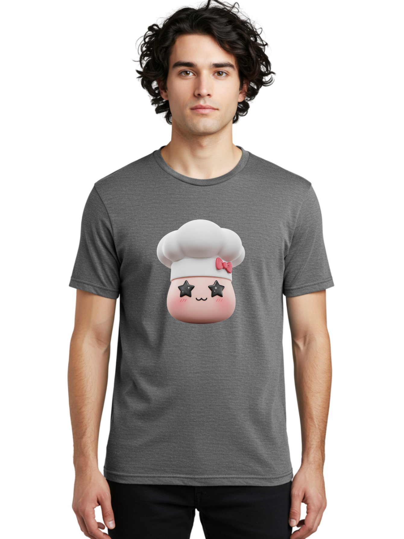 Chef-Hat-Character Men'S Graphic Tee, 100% Cotton, Comfortable Casual Summer Wear, Machine Washable, Cute Cartoon Chef, Cooking Character, Kawaii Foodie, Chef'S Hat, Pink Bow, Star Eyes, Smiling Face, Rosy Cheeks, Baking Illustration, Bac829
