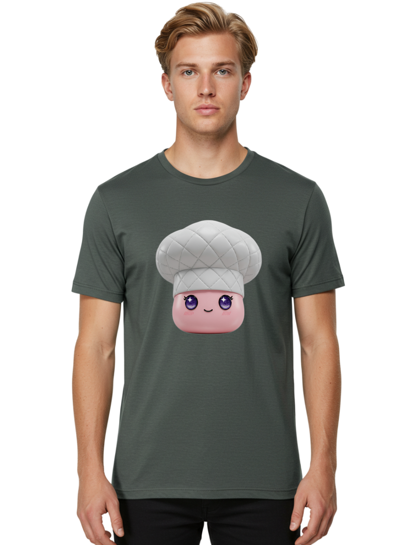 Chef-Hat-Face-1 Men'S Graphic Tee, 100% Cotton, Comfortable Casual Summer Wear, Machine Washable, Pink Face, Chef Hat, Cartoon Style, Purple Eyes, Eyelashes, Smiling Face, Cute Character, Cooking Theme, Culinary Art, Adorable Design, Bac831
